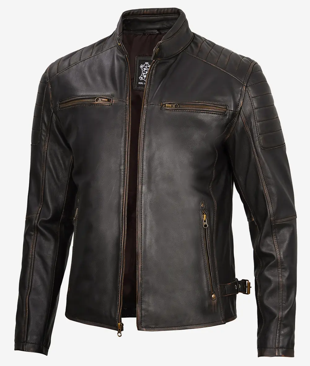 Mens Rub Off Brown Cafe Racer Leather Jacket