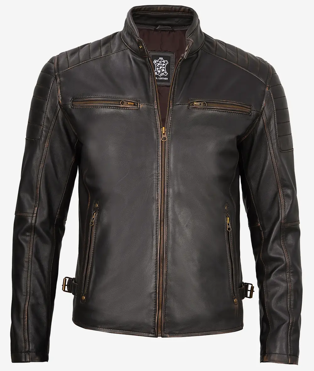 Mens Rub Off Brown Cafe Racer Leather Jacket