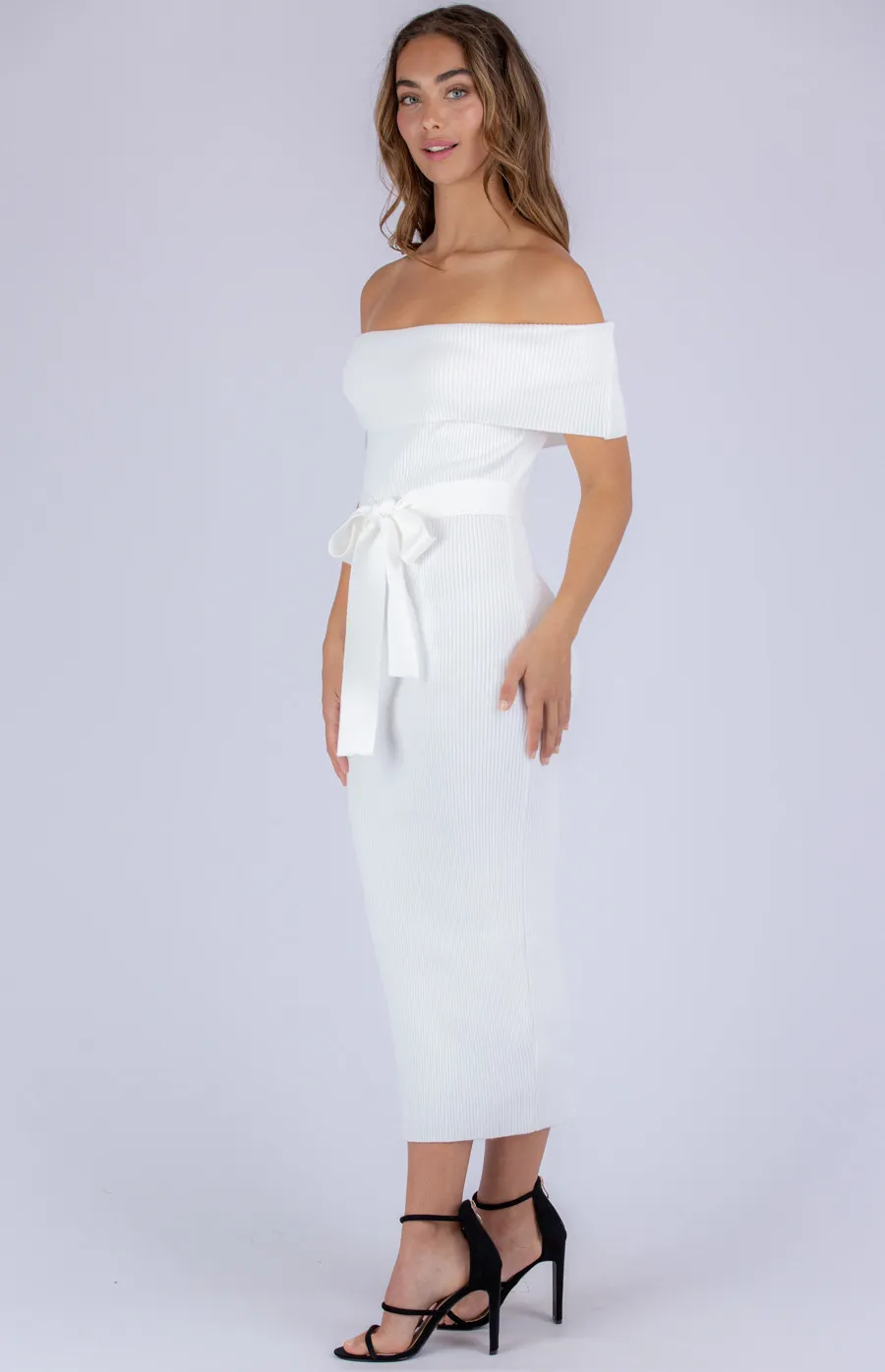 Off the Shoulder Fitted Maxi Knit Dress (SKN381)