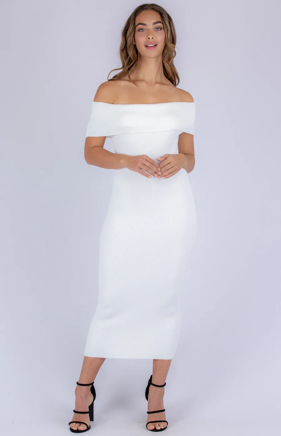 Off the Shoulder Fitted Maxi Knit Dress (SKN381)