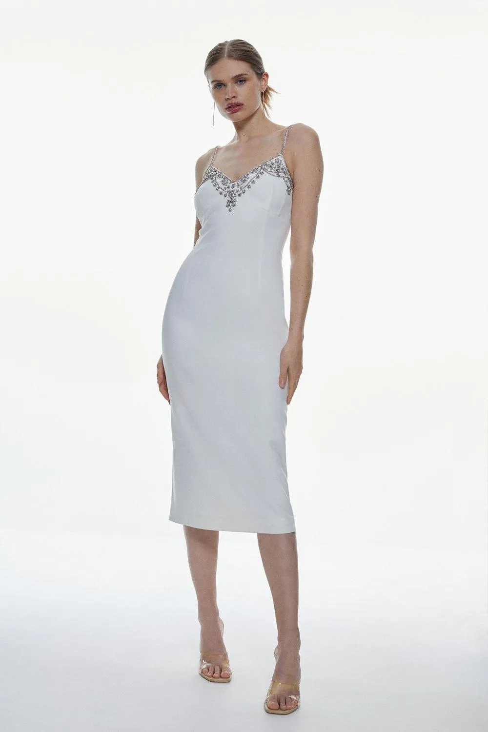 Petite Crystal Embellished Strappy Woven Midi Dress | Karen Millen