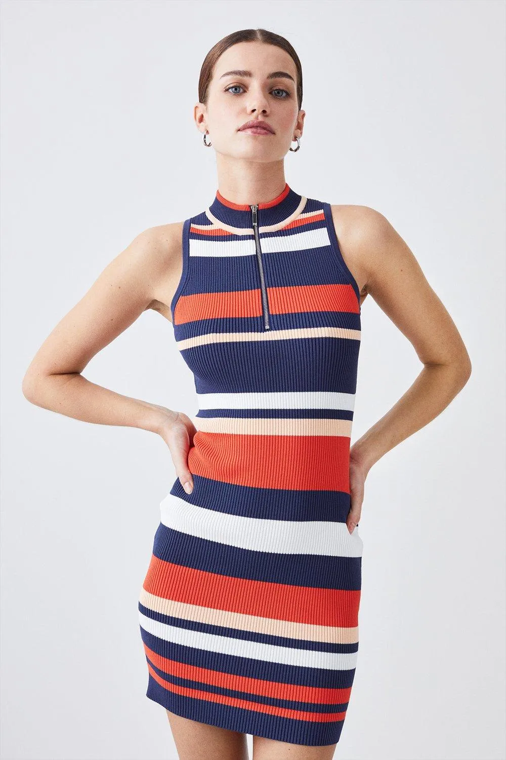 Petite Knitted Rib Zip Up Stripe Mini Dress | Karen Millen