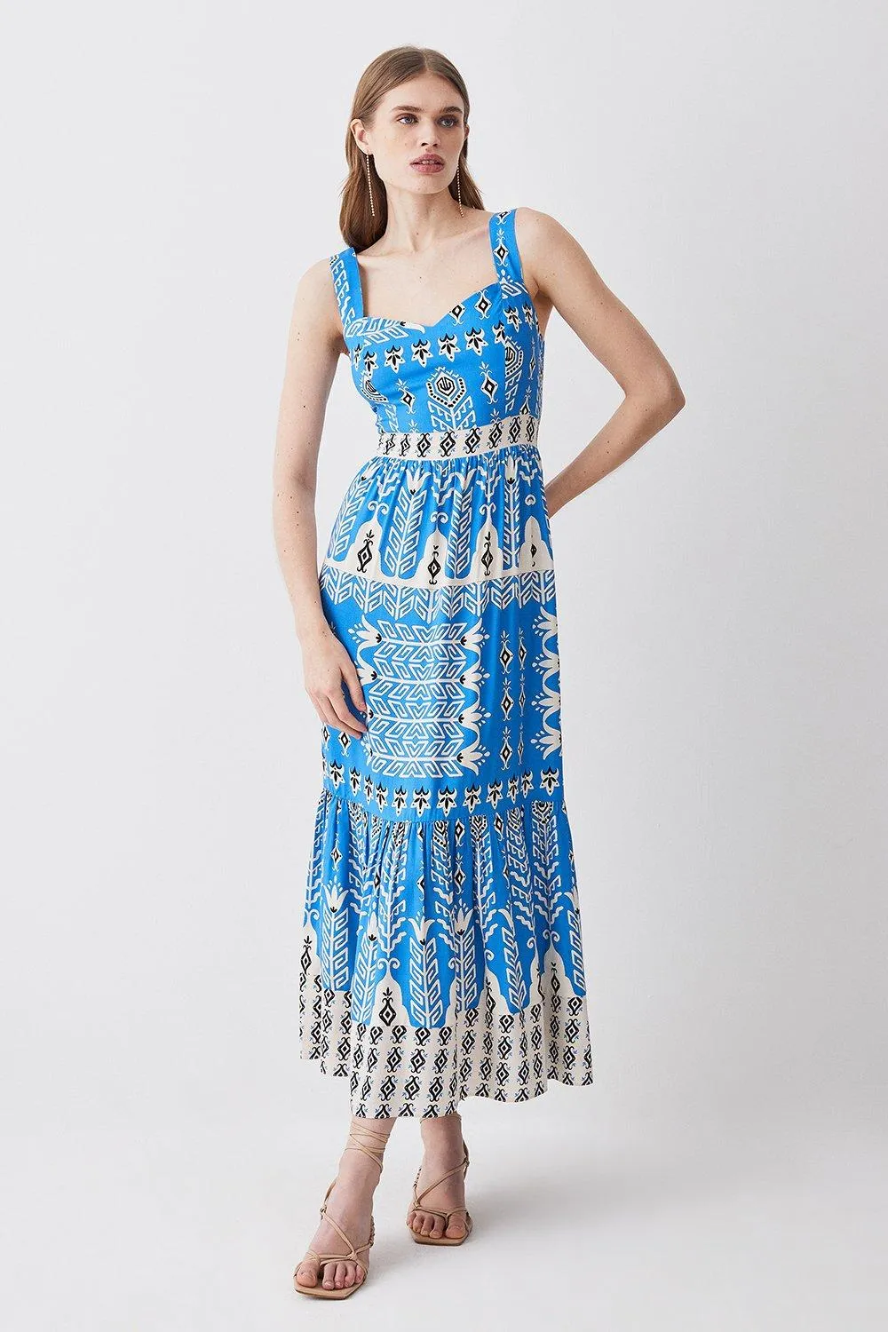 Placement Print Woven Tiered Strappy Maxi Dress | Karen Millen