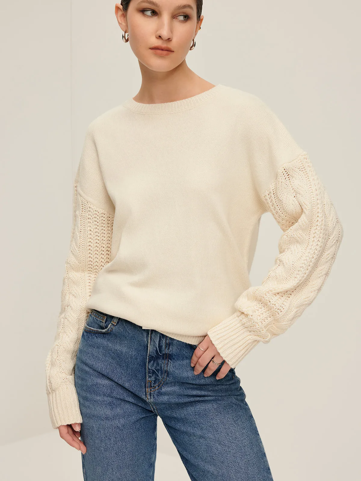 Plain Cable Sleeve Pullover Sweater