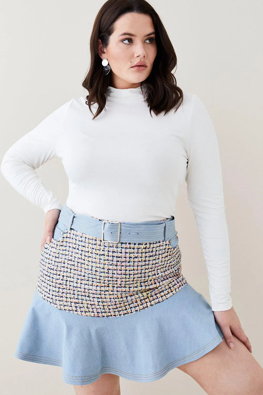 Plus Size Denim Tweed Mix Flippy Hem Skirt | Karen Millen