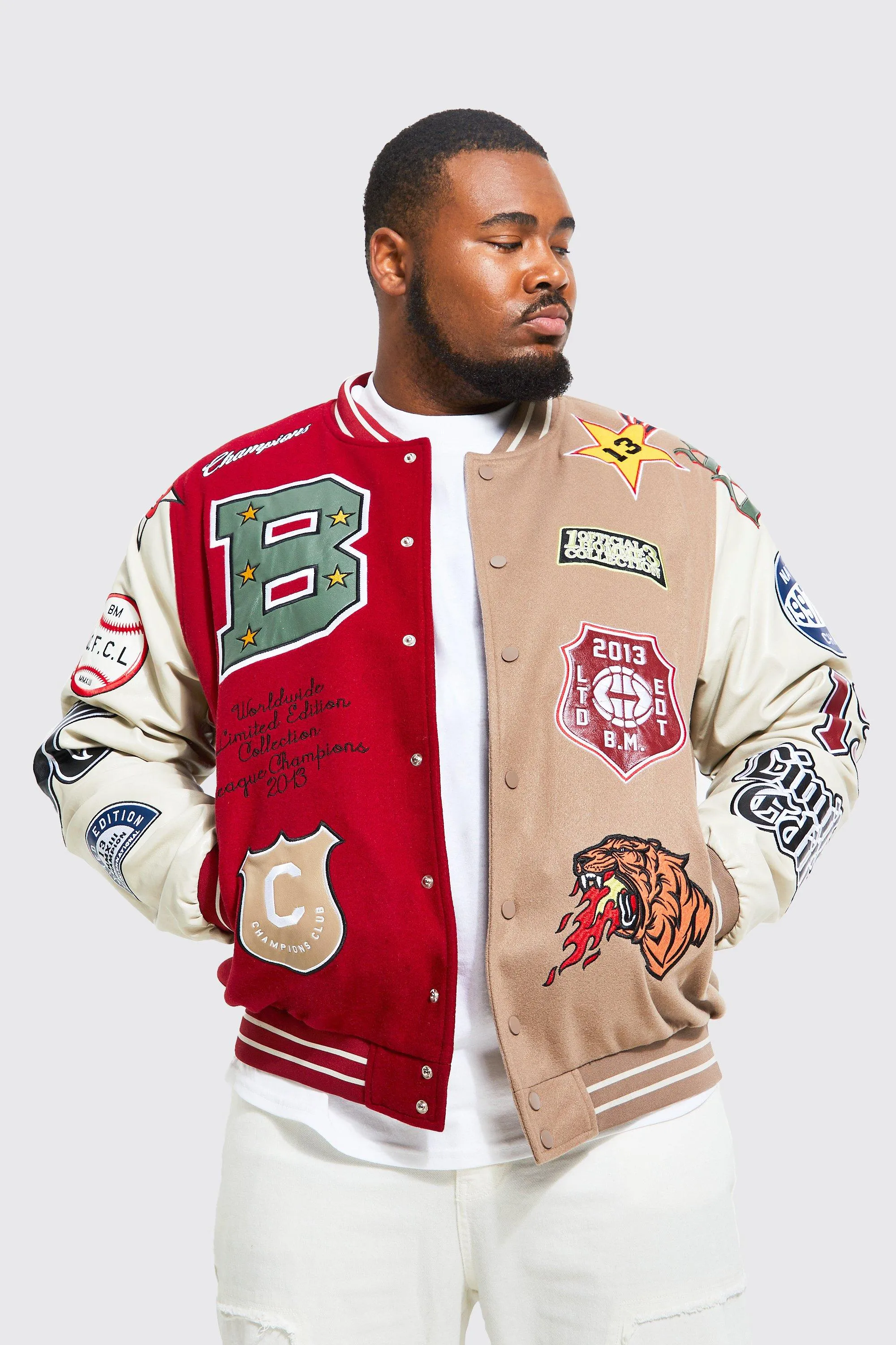 Plus Spliced Back Tiger Badge Varsity Jacket | boohooMAN UK