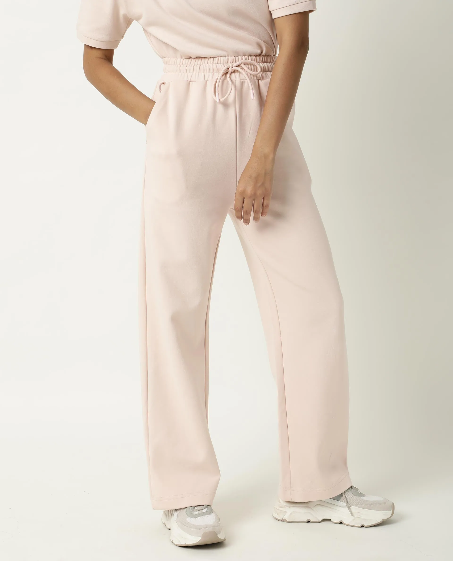 Rareism Women Capsule Pink Cotton Blend Fabric Relaxed Fit Solid Mid Rise Ankle Length Track Pant