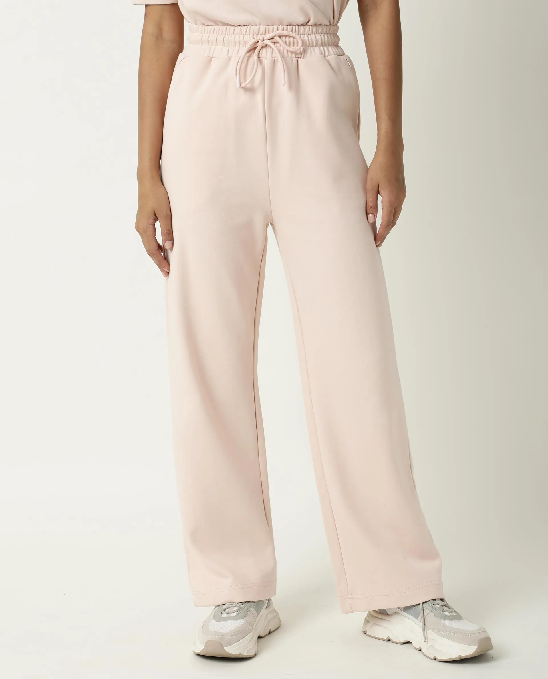 Rareism Women Capsule Pink Cotton Blend Fabric Relaxed Fit Solid Mid Rise Ankle Length Track Pant