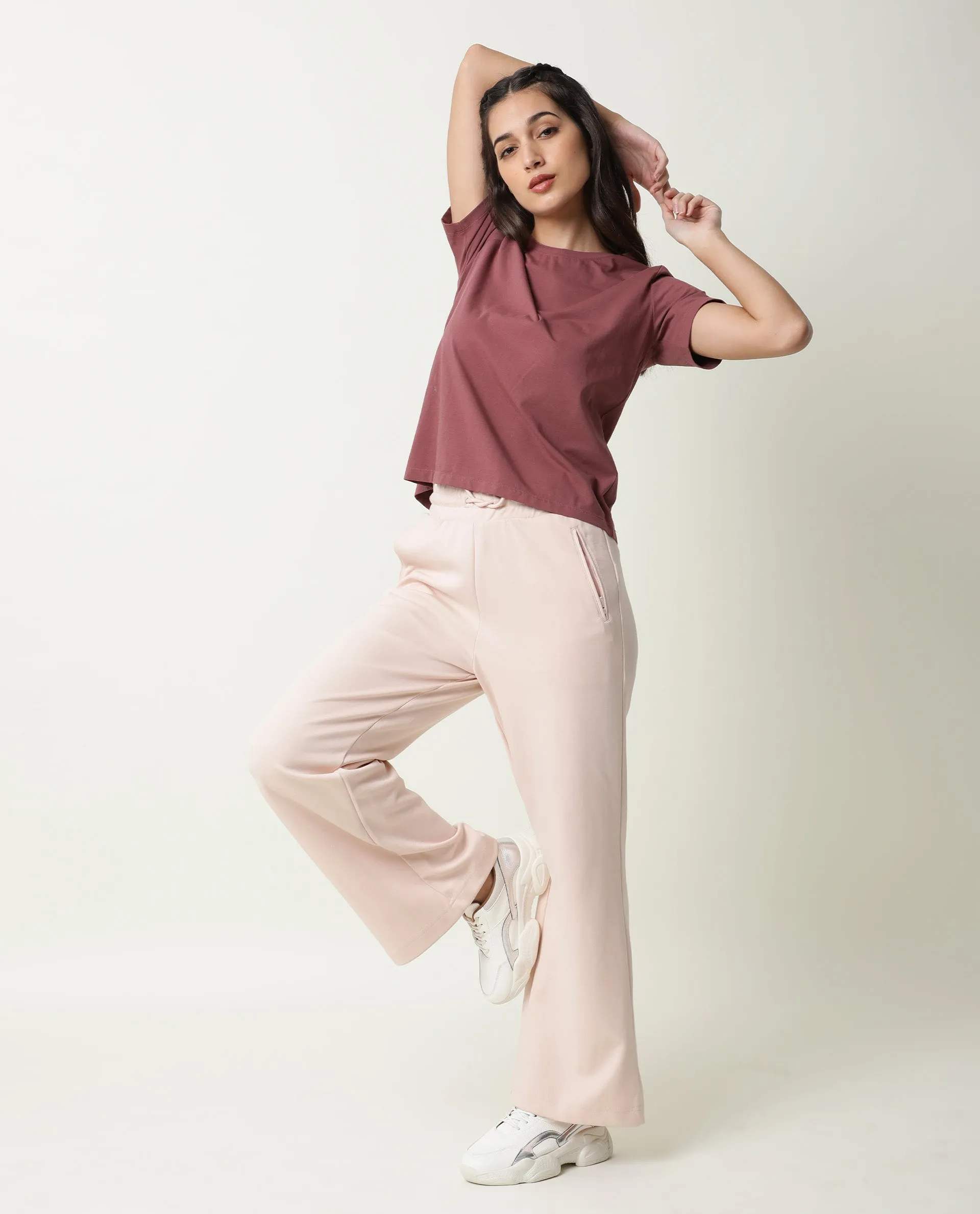 Rareism Women Capsule Pink Cotton Blend Fabric Relaxed Fit Solid Mid Rise Ankle Length Track Pant