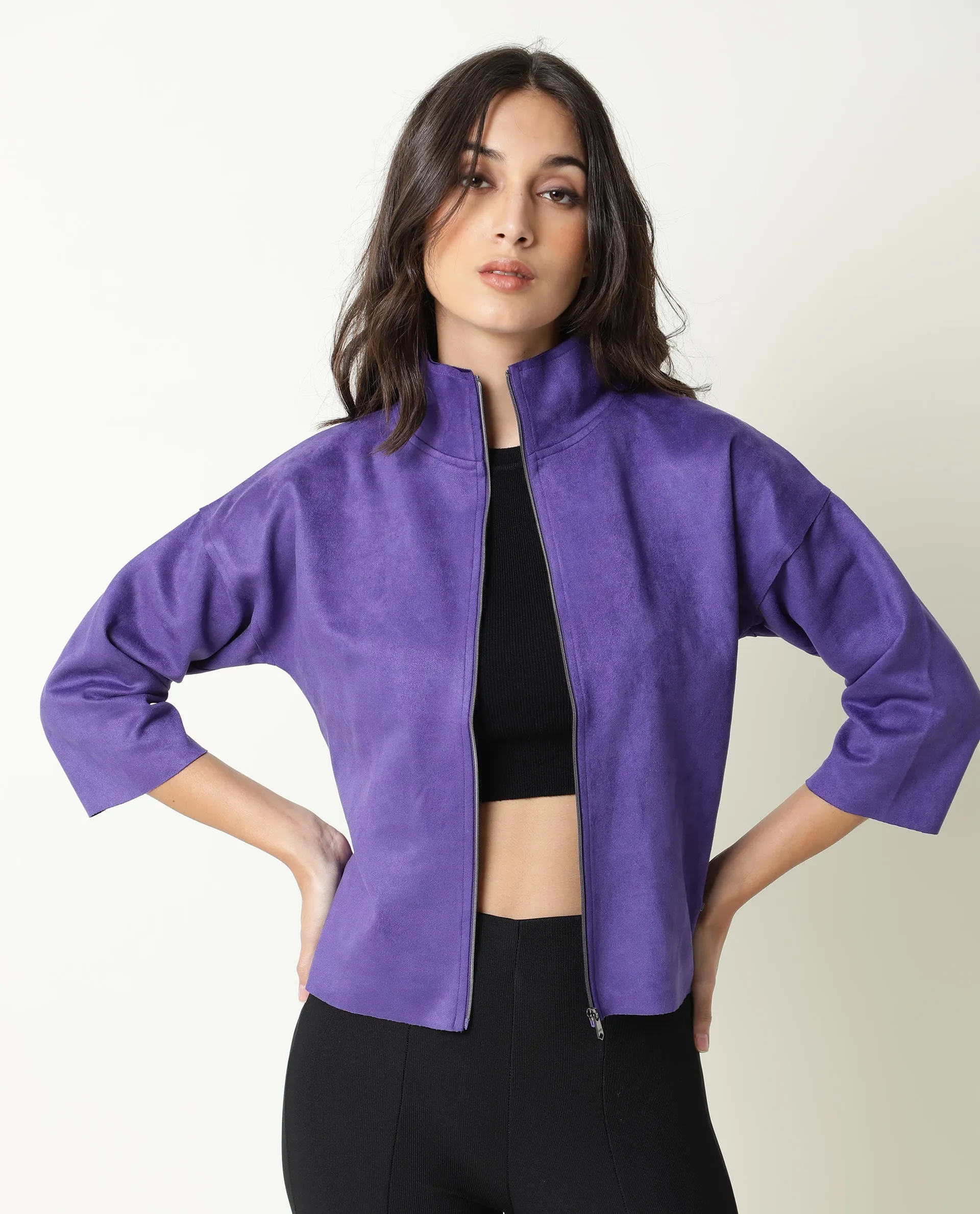 Rareism Women Vasu Purple Polyester Fabric 3/4Th Sleeves Solid High Neck Jacket