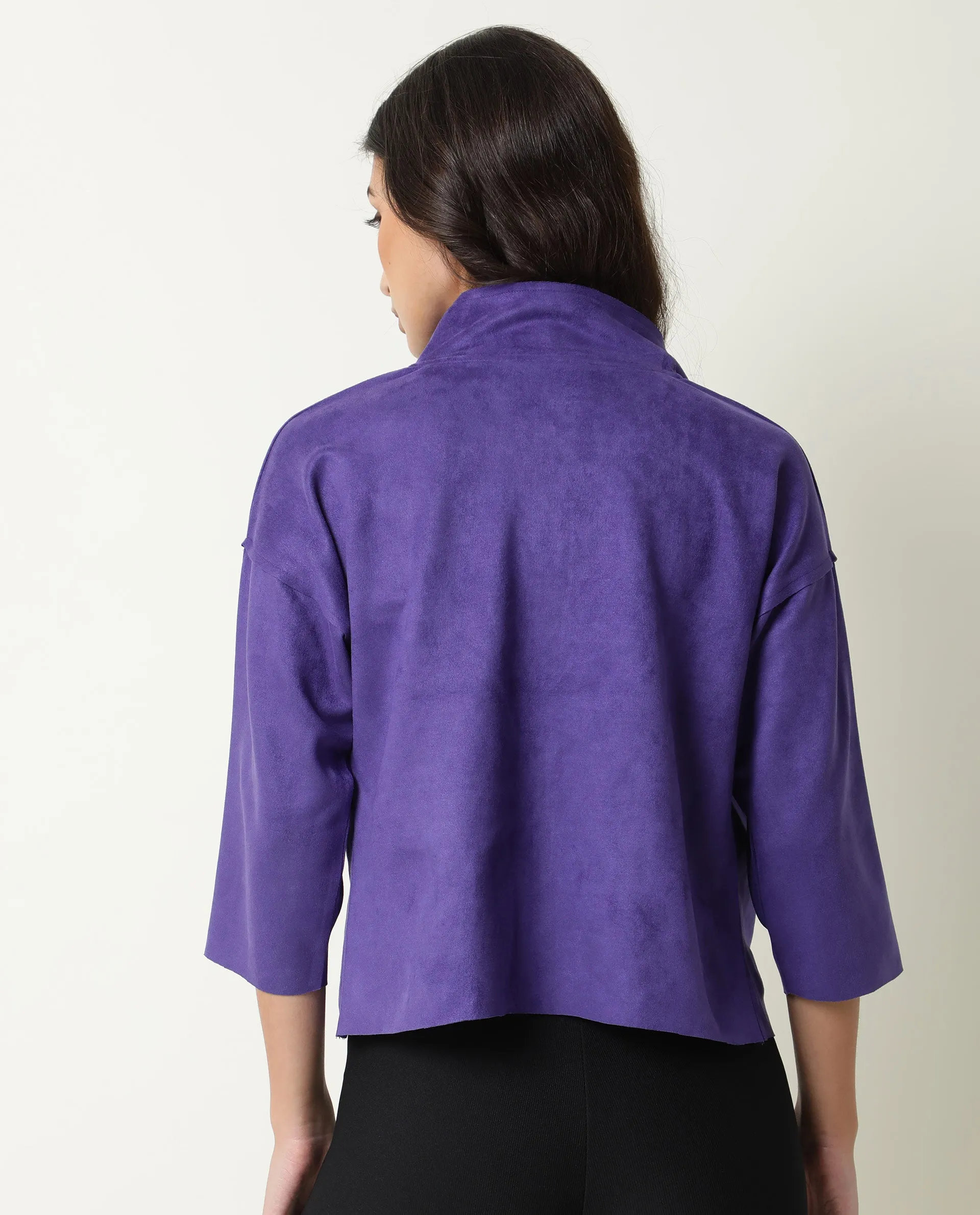 Rareism Women Vasu Purple Polyester Fabric 3/4Th Sleeves Solid High Neck Jacket