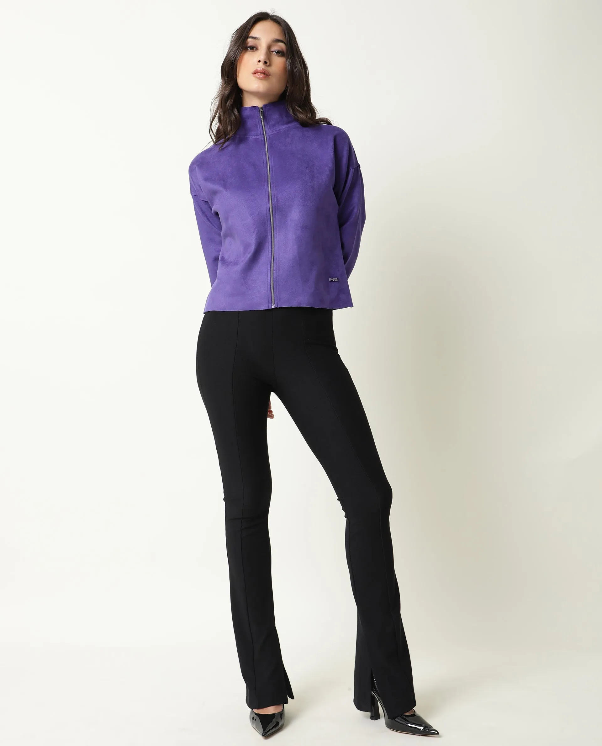 Rareism Women Vasu Purple Polyester Fabric 3/4Th Sleeves Solid High Neck Jacket