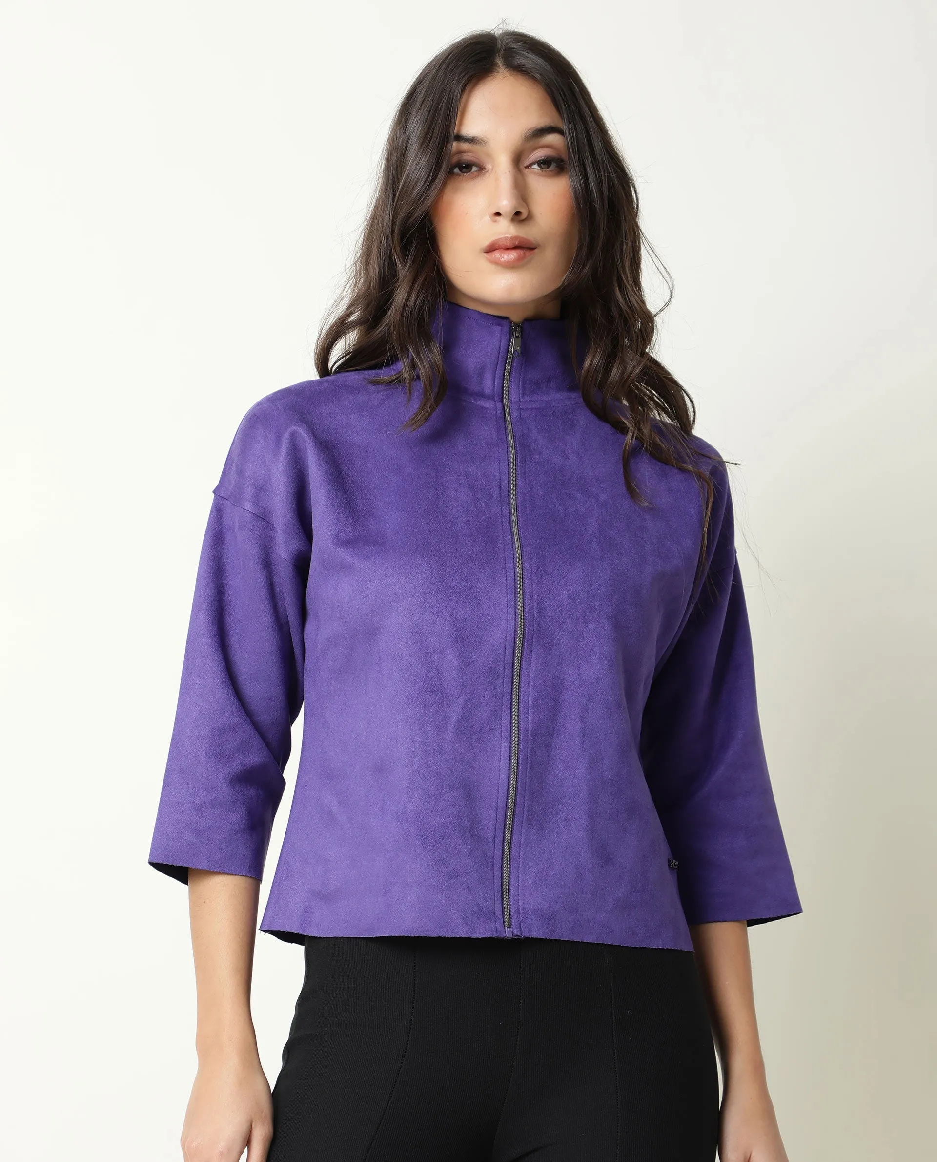 Rareism Women Vasu Purple Polyester Fabric 3/4Th Sleeves Solid High Neck Jacket