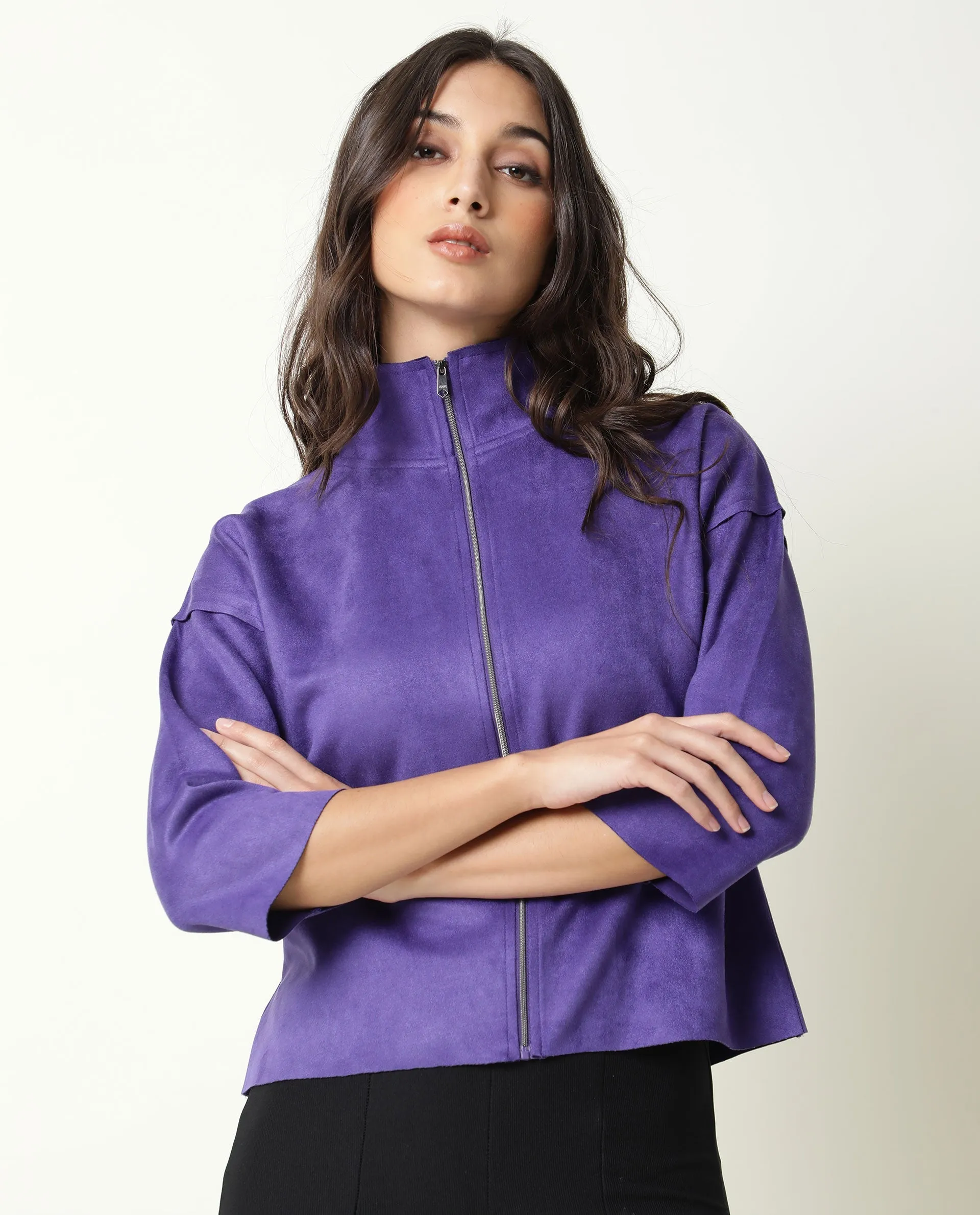 Rareism Women Vasu Purple Polyester Fabric 3/4Th Sleeves Solid High Neck Jacket