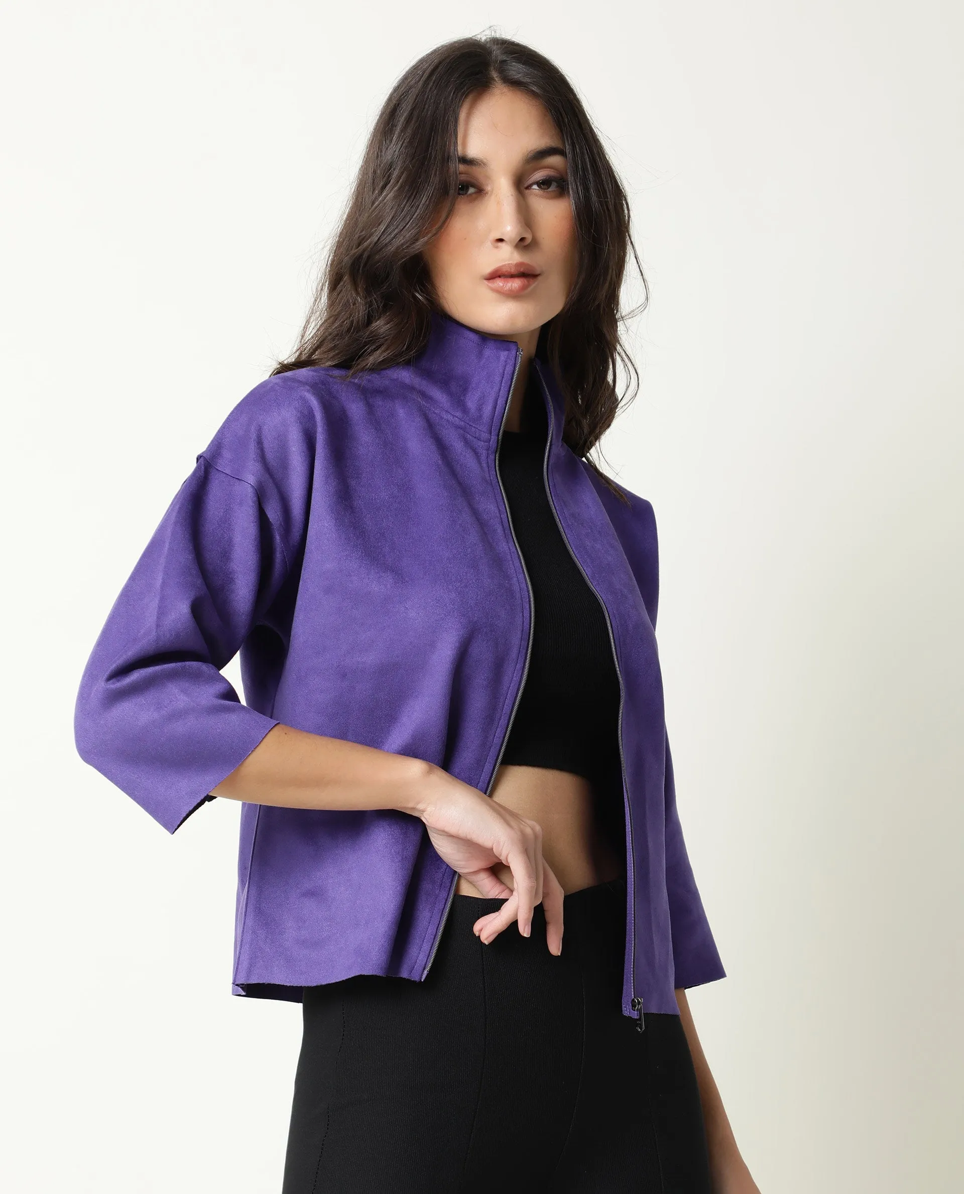 Rareism Women Vasu Purple Polyester Fabric 3/4Th Sleeves Solid High Neck Jacket