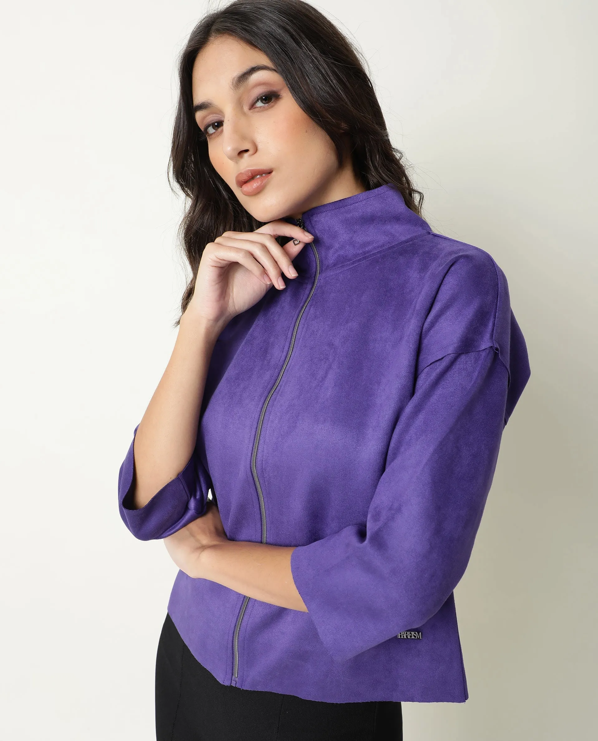 Rareism Women Vasu Purple Polyester Fabric 3/4Th Sleeves Solid High Neck Jacket