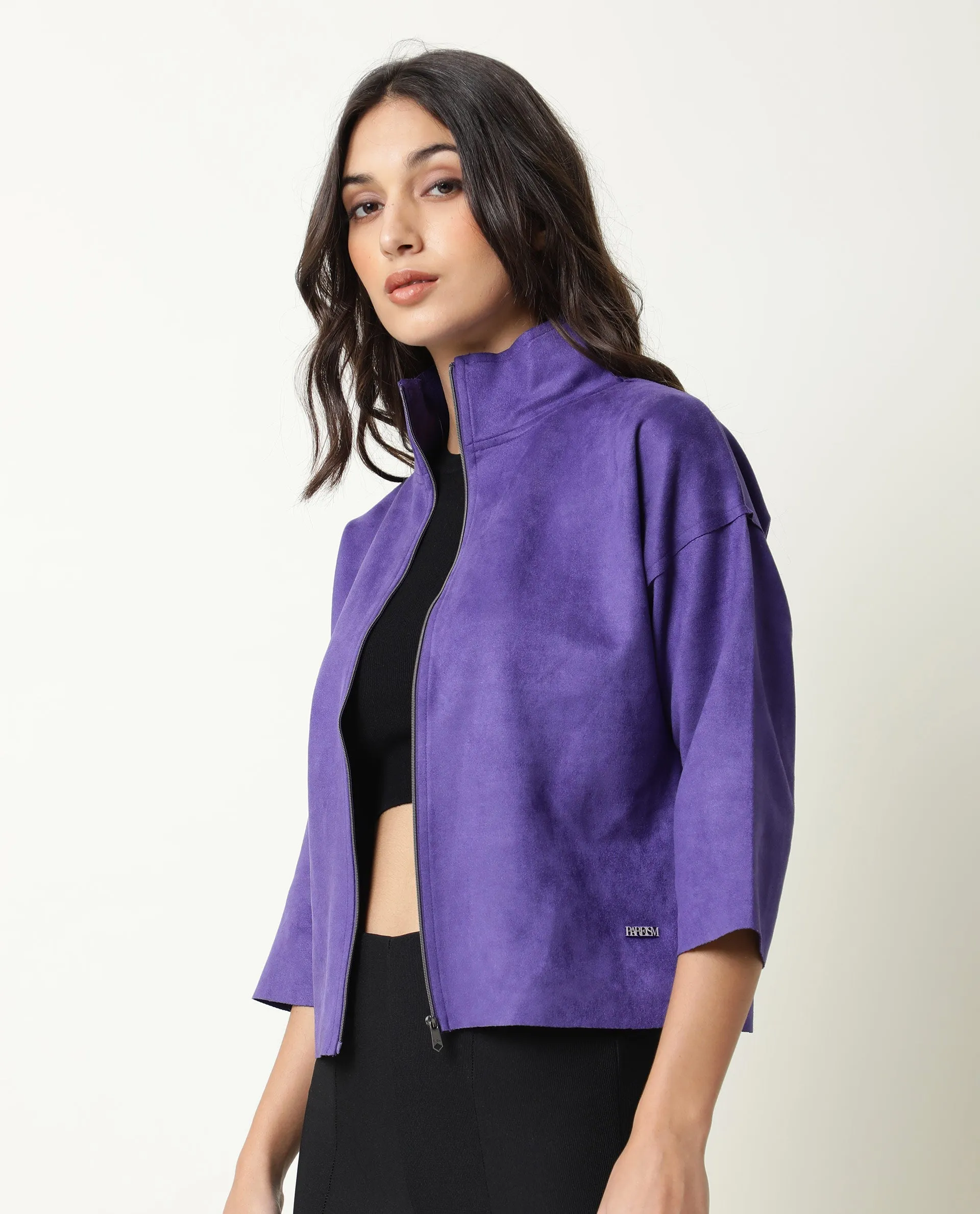 Rareism Women Vasu Purple Polyester Fabric 3/4Th Sleeves Solid High Neck Jacket