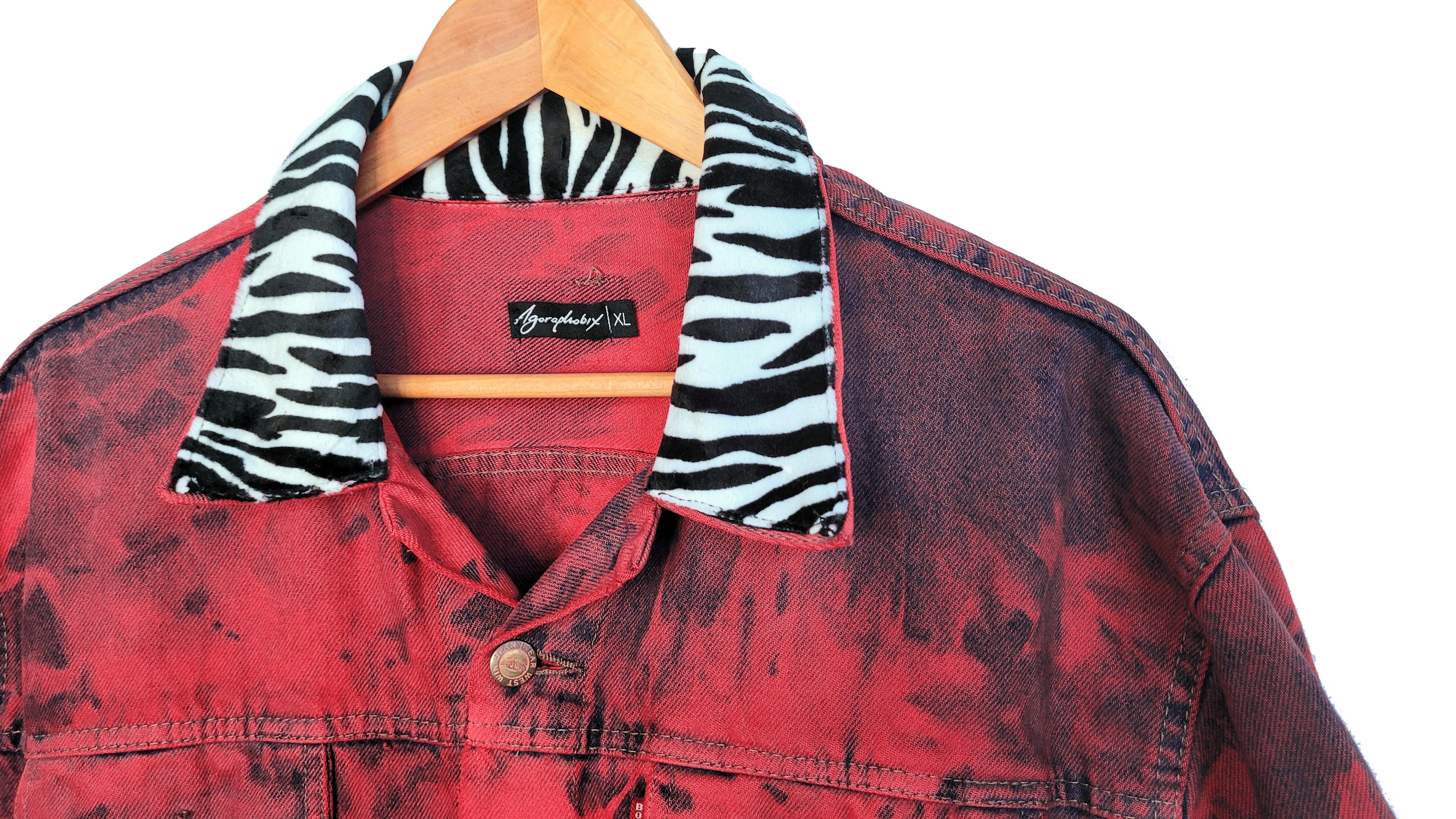 Red tie dye zebra collar oversize denim jacket | Unisex size XL