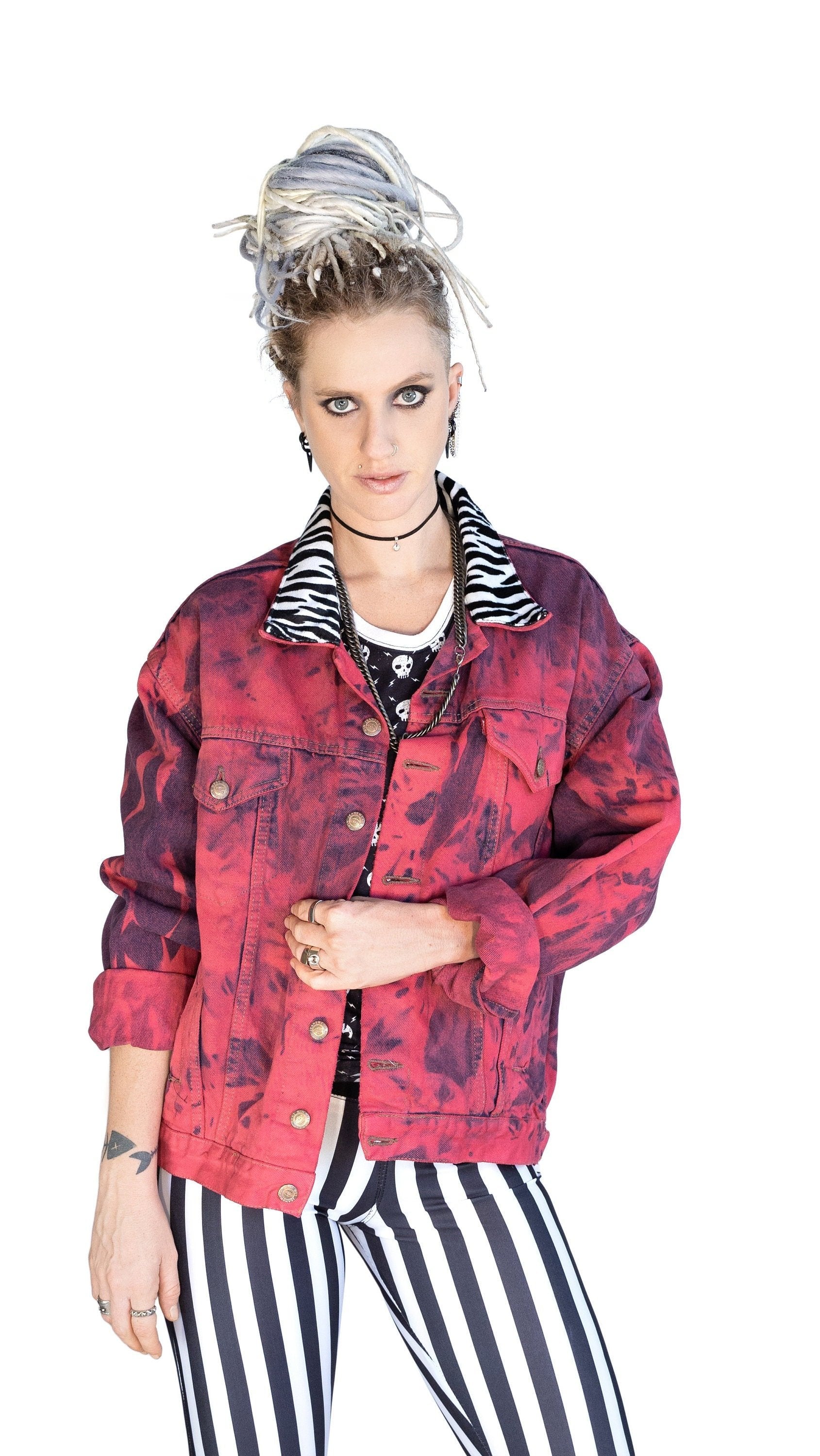 Red tie dye zebra collar oversize denim jacket | Unisex size XL