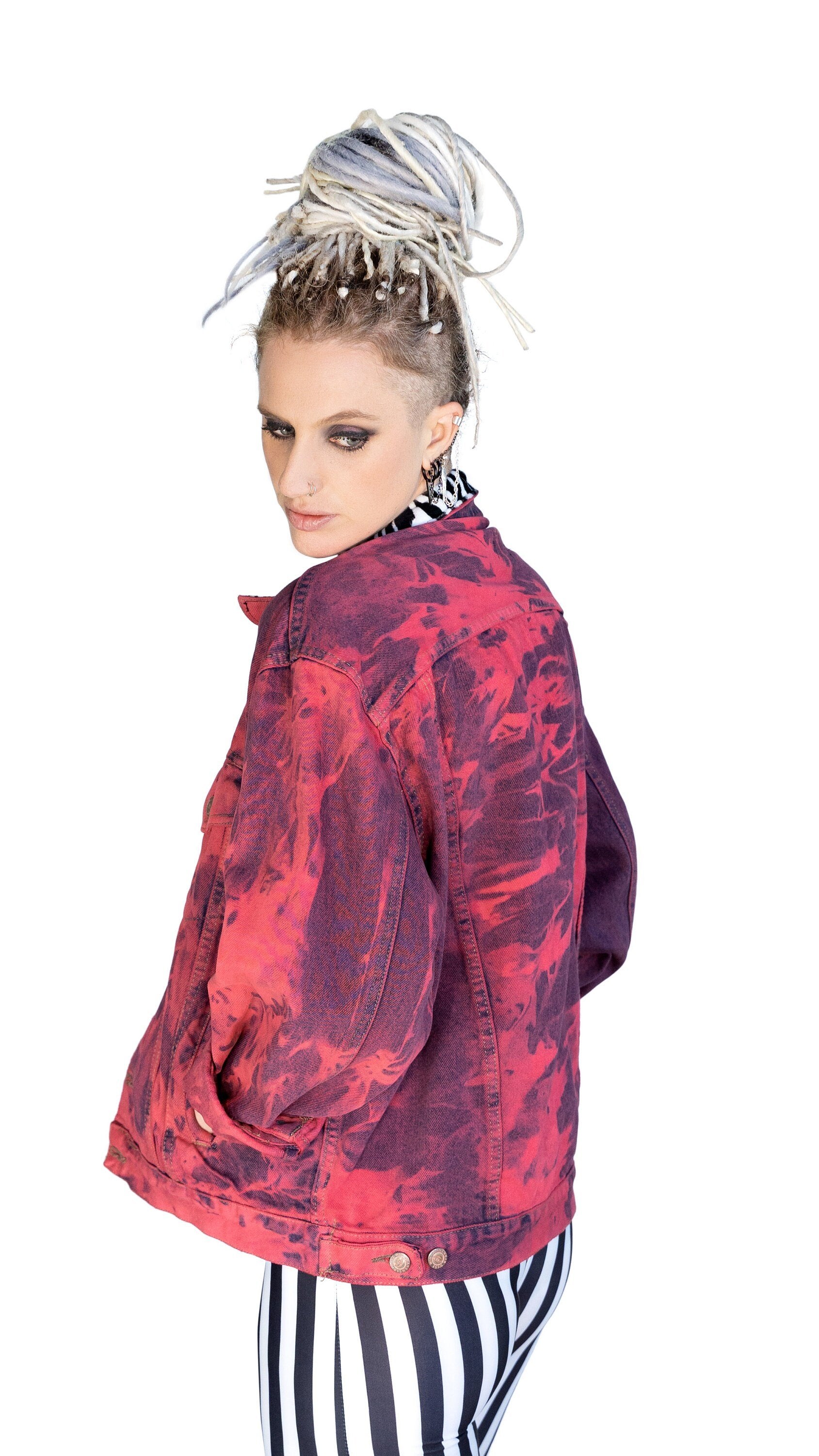 Red tie dye zebra collar oversize denim jacket | Unisex size XL