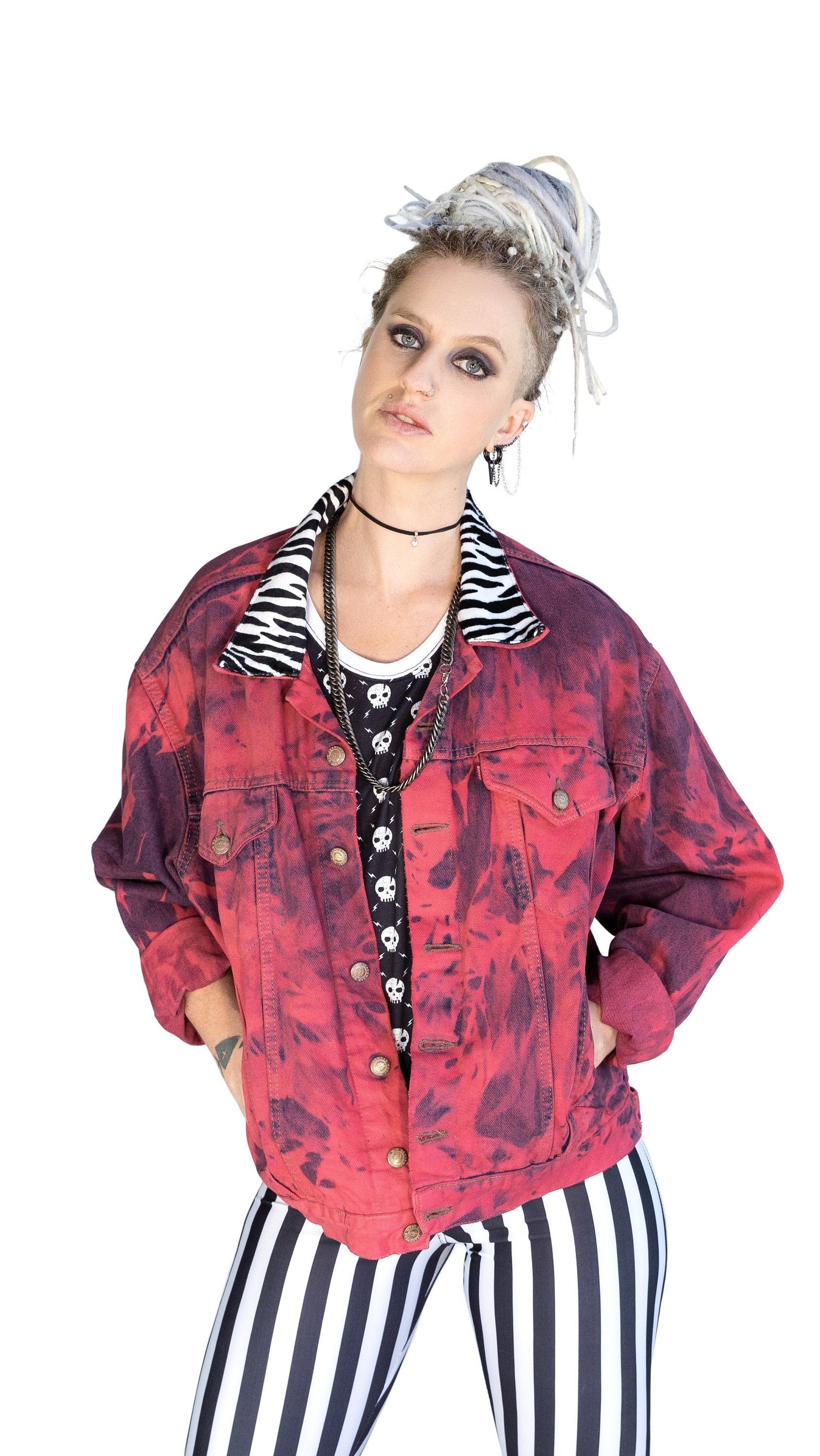 Red tie dye zebra collar oversize denim jacket | Unisex size XL