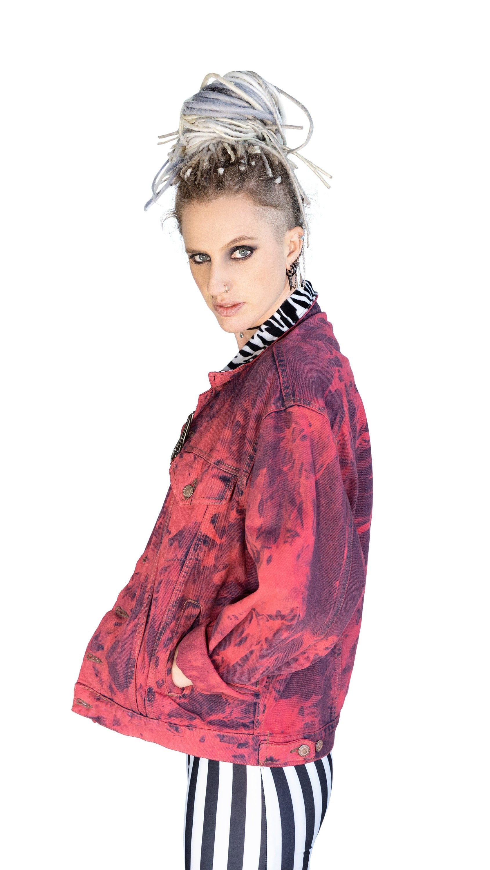 Red tie dye zebra collar oversize denim jacket | Unisex size XL