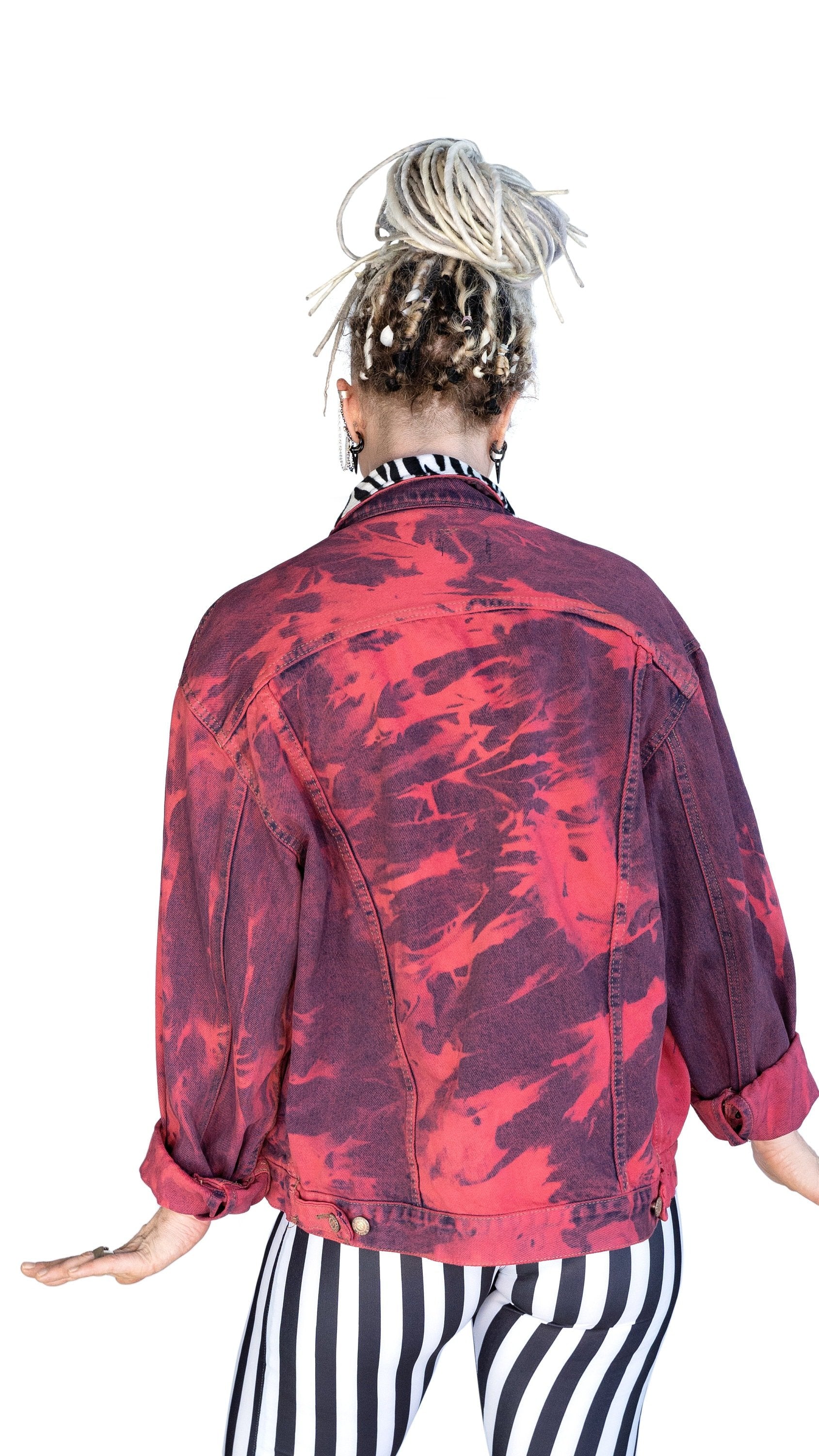 Red tie dye zebra collar oversize denim jacket | Unisex size XL