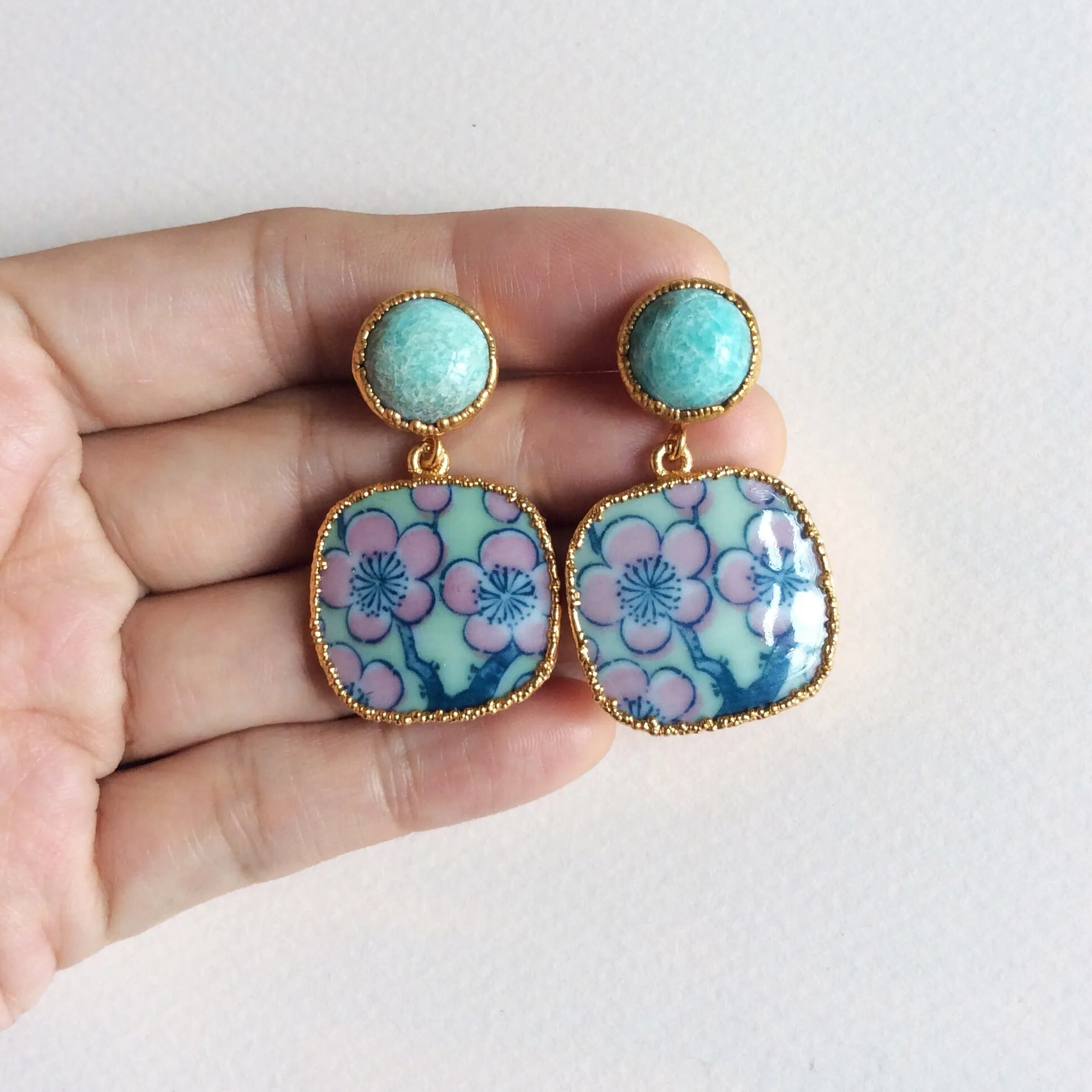 Sea foam sakura porcelain and amazonite earrings