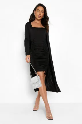 Slinky Ruched Mini Dress & Midi Duster Coat