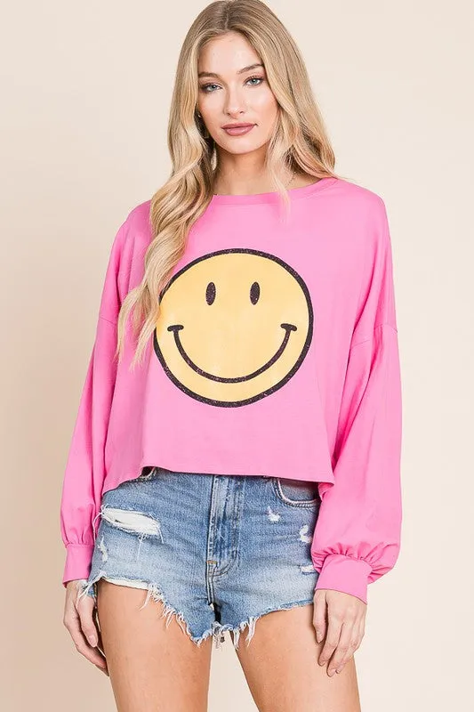 SMILEY FACE LONG SLEEVE CROP TOP