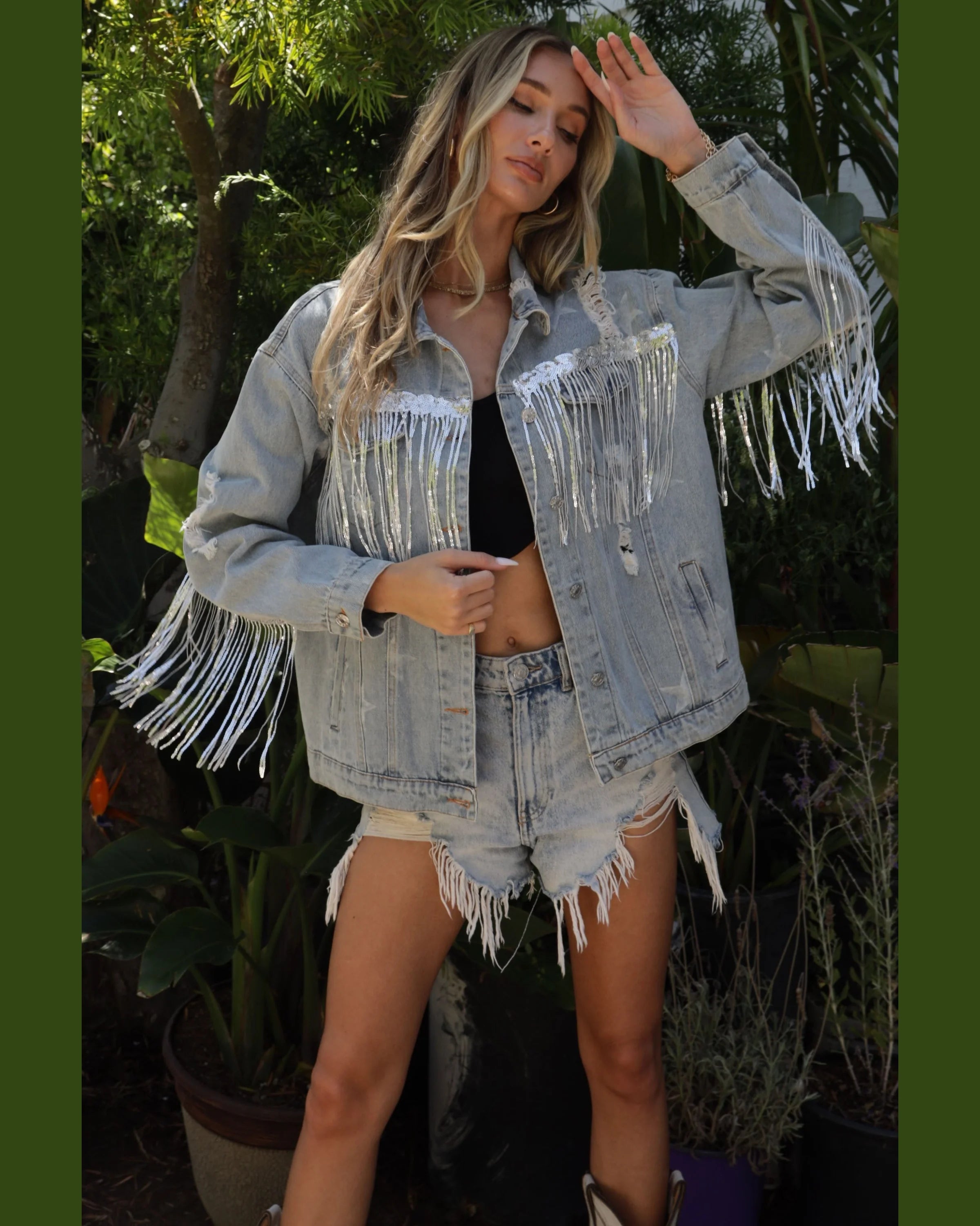 Star Distressed Fringe Denim Jacket