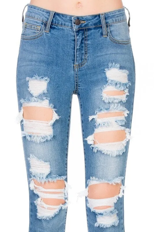 Stevie Destroyed Light Denim Wash Jeans with Frayed Hem