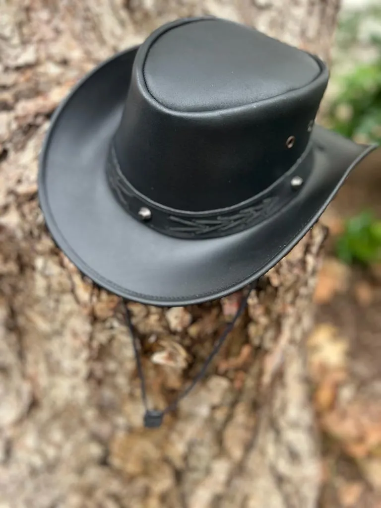 Studded Black Leather Cowboy Hat with Leather Chinstrap