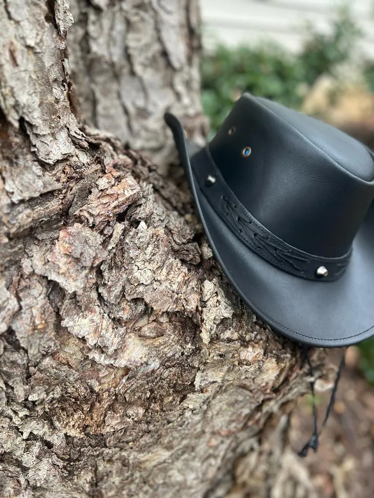 Studded Black Leather Cowboy Hat with Leather Chinstrap