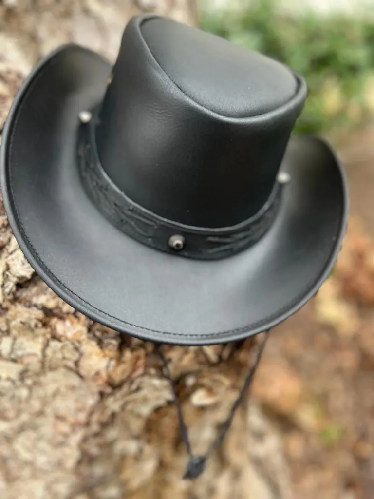 Studded Black Leather Cowboy Hat with Leather Chinstrap