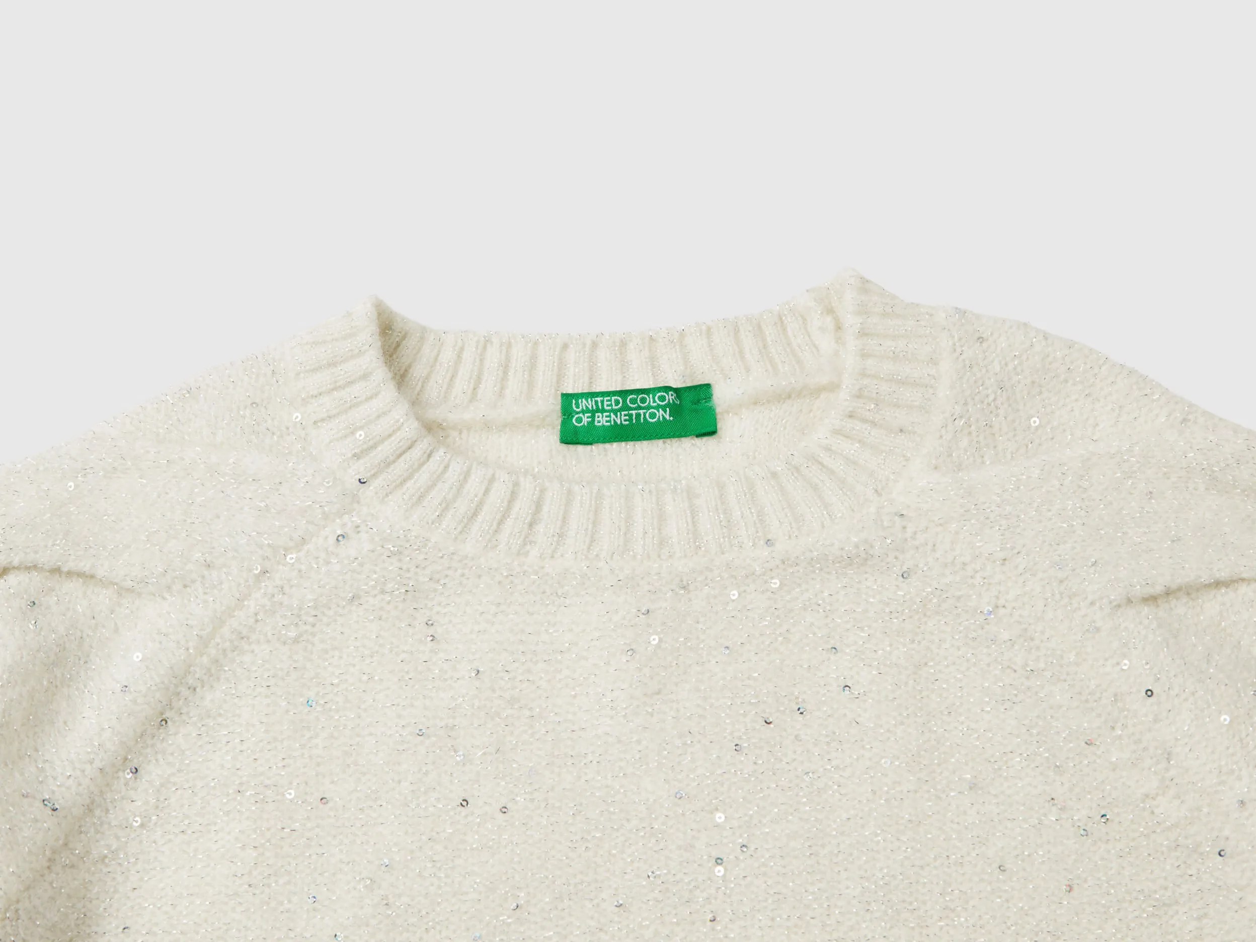 Sweater with recycled fabric and sequins - Creamy White | Benetton