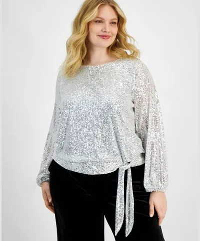 Tahari ASL Plus Size Sequin Round-Neck Long-Sleeve Blouse