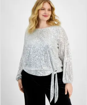 Tahari ASL Plus Size Sequin Round-Neck Long-Sleeve Blouse