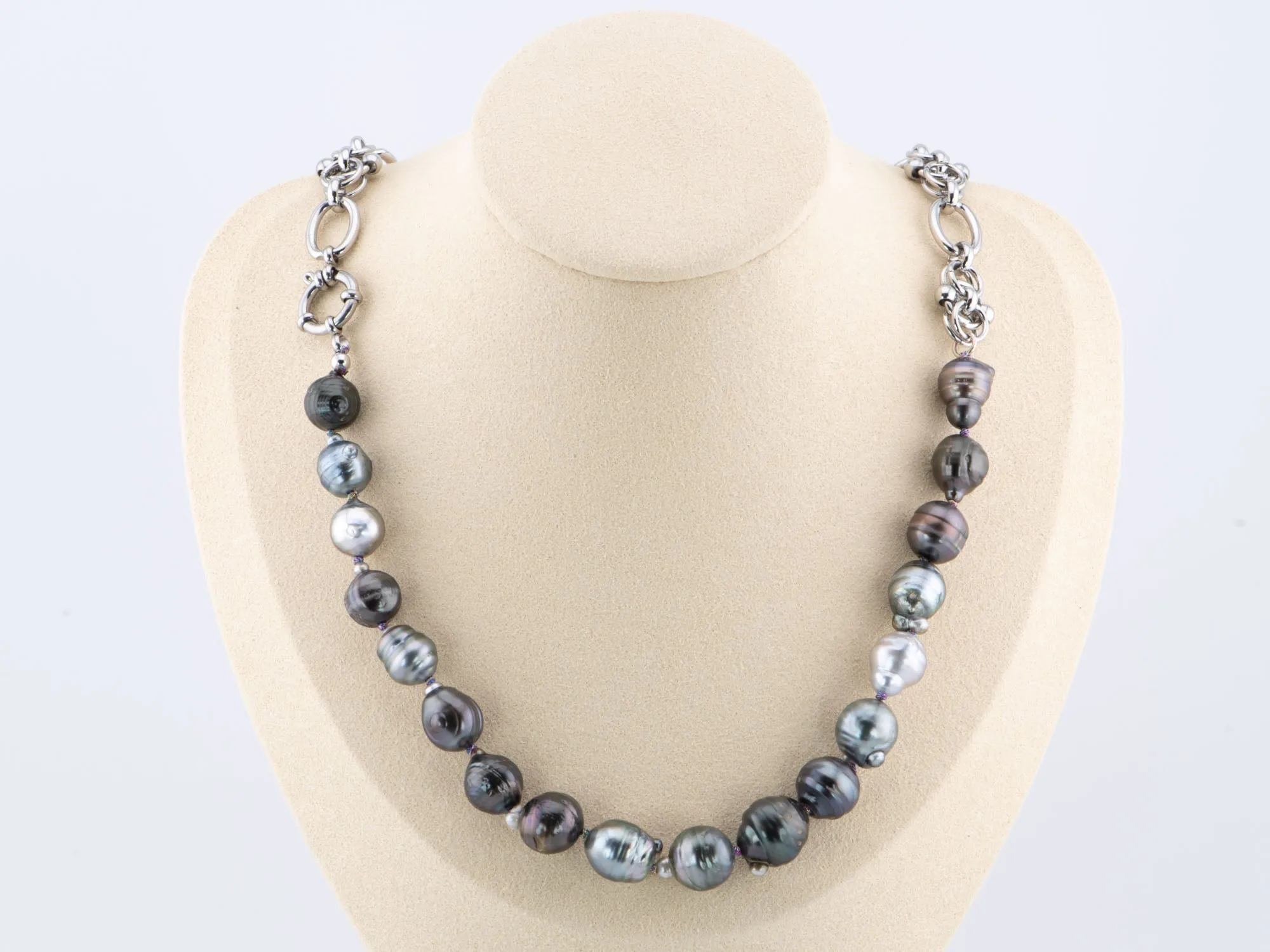 Tahitian Pearl with Hand-Knotted Rainbow Knot and Gunmetal Gray Stainless Steel Chain Necklace P1022