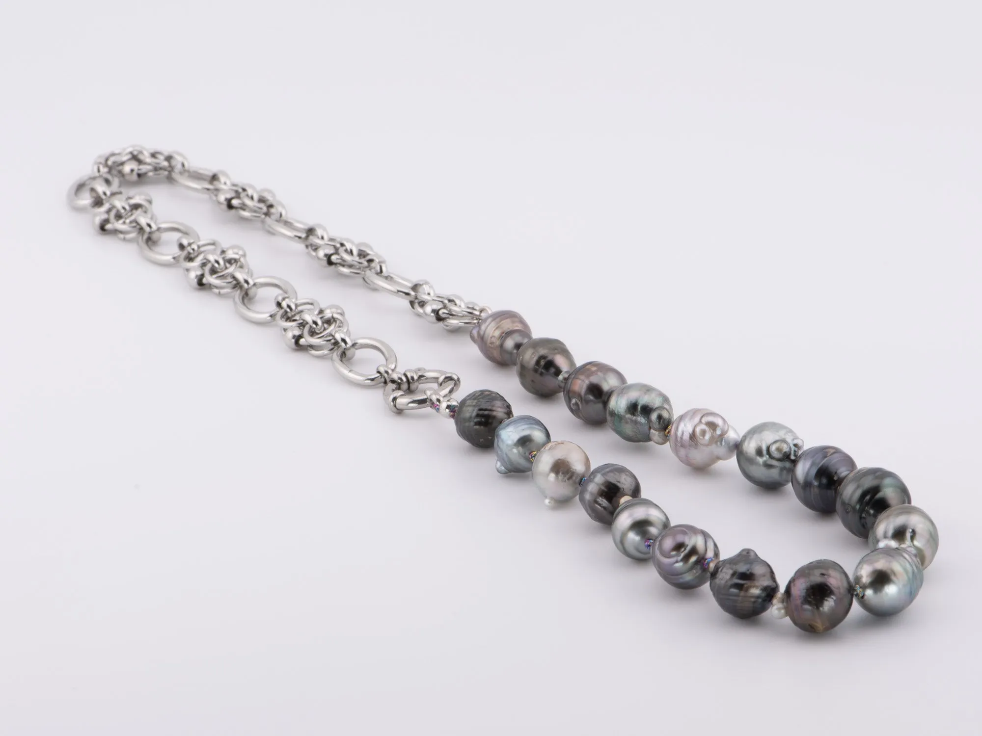 Tahitian Pearl with Hand-Knotted Rainbow Knot and Gunmetal Gray Stainless Steel Chain Necklace P1022