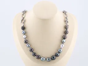 Tahitian Pearl with Hand-Knotted Rainbow Knot and Gunmetal Gray Stainless Steel Chain Necklace P1022