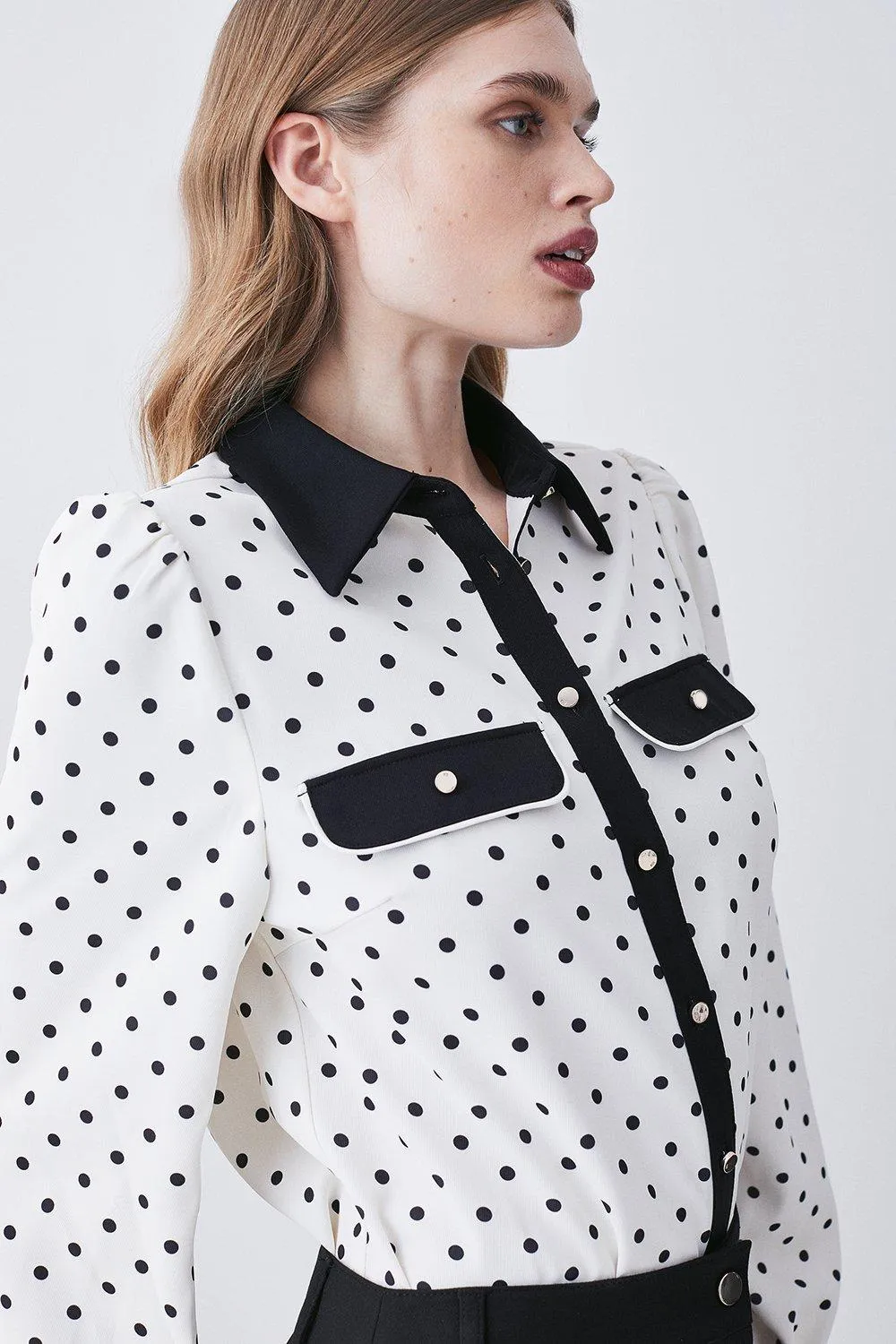 Tall Pin Dot Twill Trimmed Woven Shirt | Karen Millen