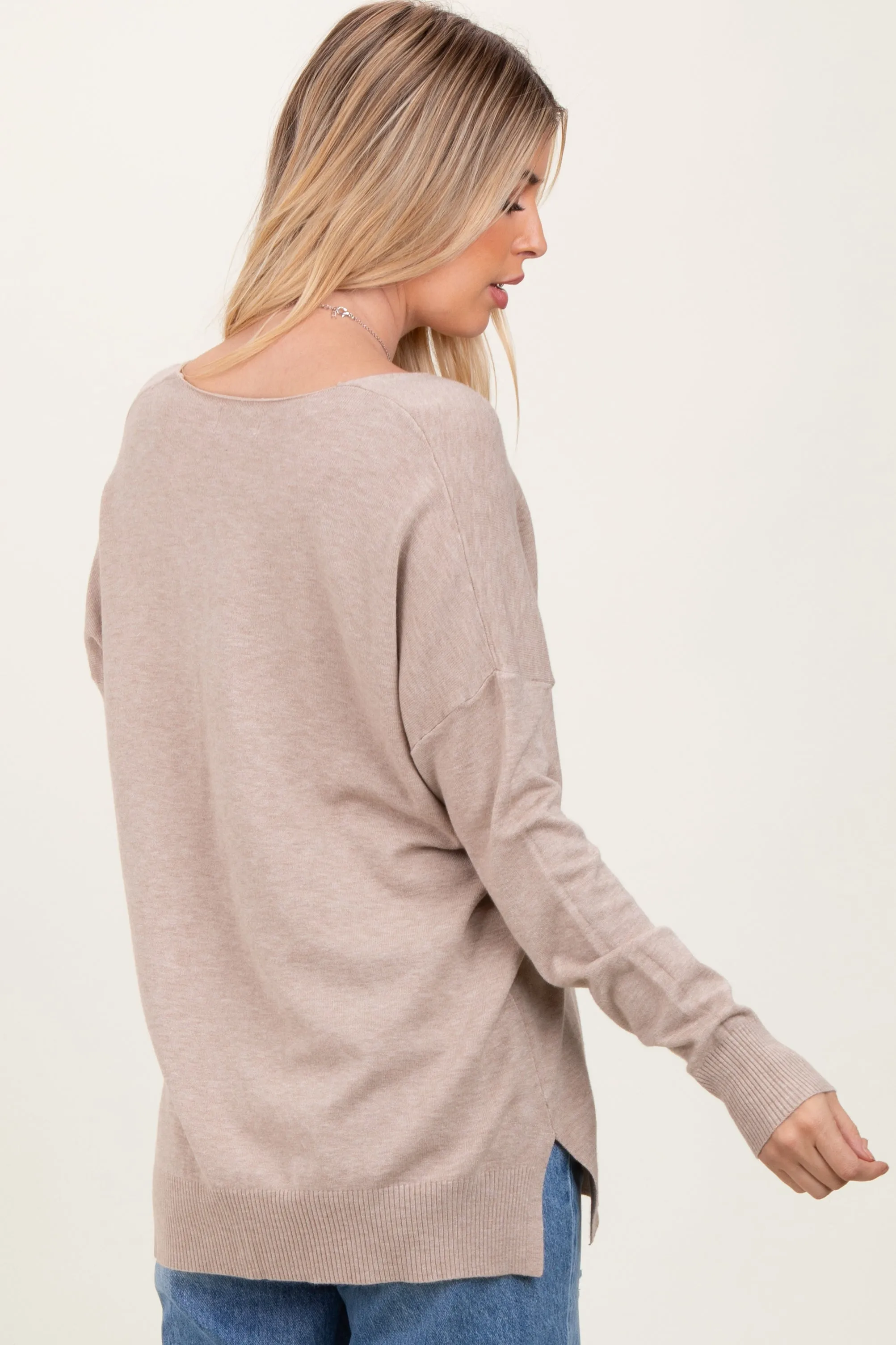 Taupe Front Seam V-Neck Side Slit Sweater