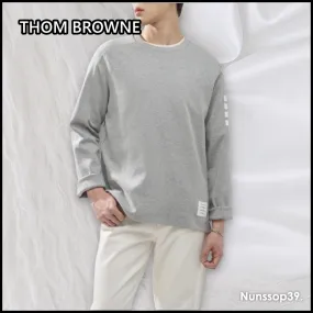 THOM BROWNE  |Crew Neck Stripes Street Style Long Sleeves Plain Cotton