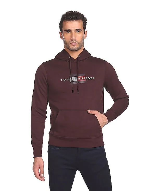 Tommy Hilfiger Men Deep Burgundy Long Sleeve Printed Hood Sweatshirt