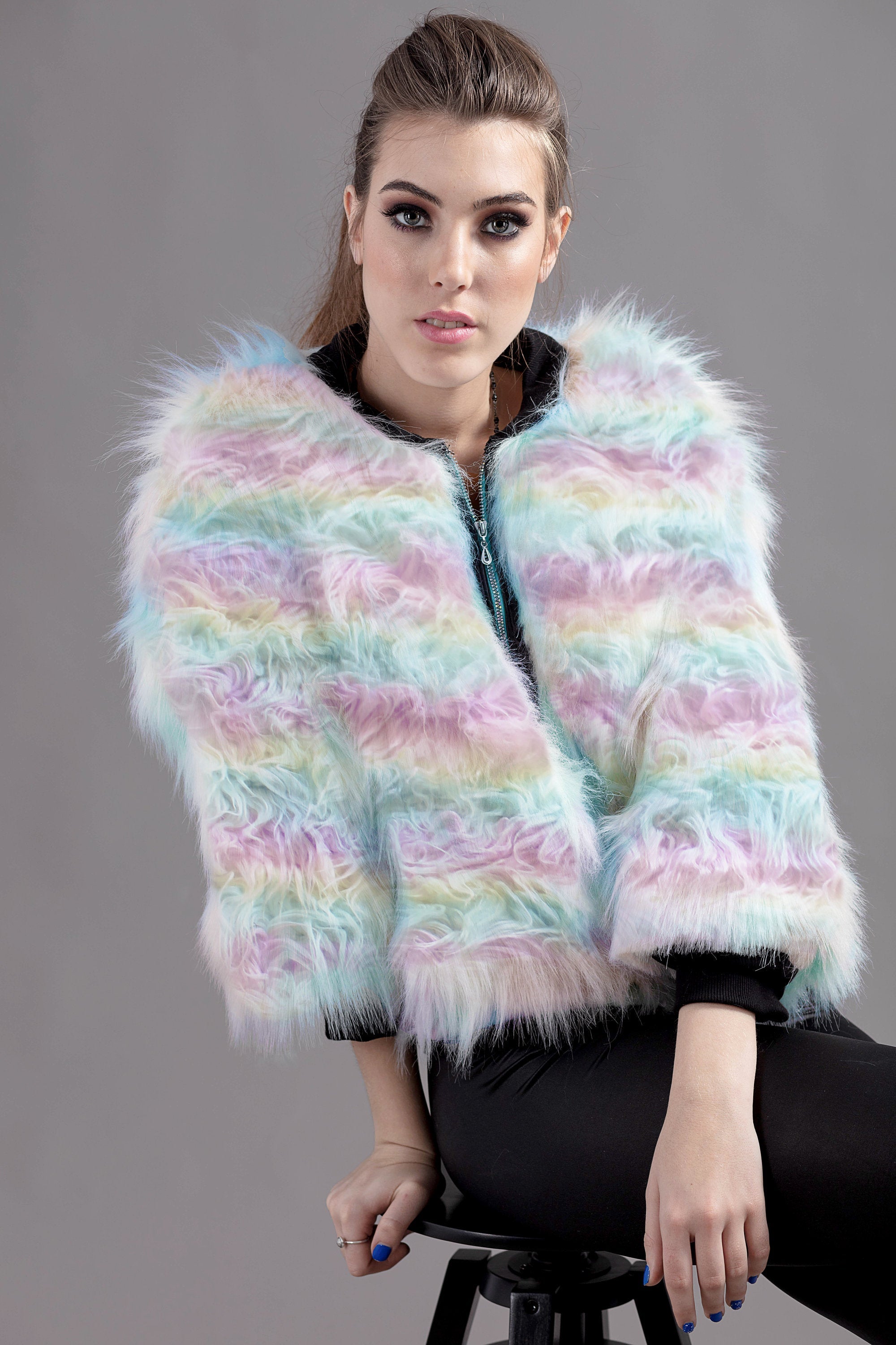 unicorn rainbow stripe vegan faux fur Bomber Jacket