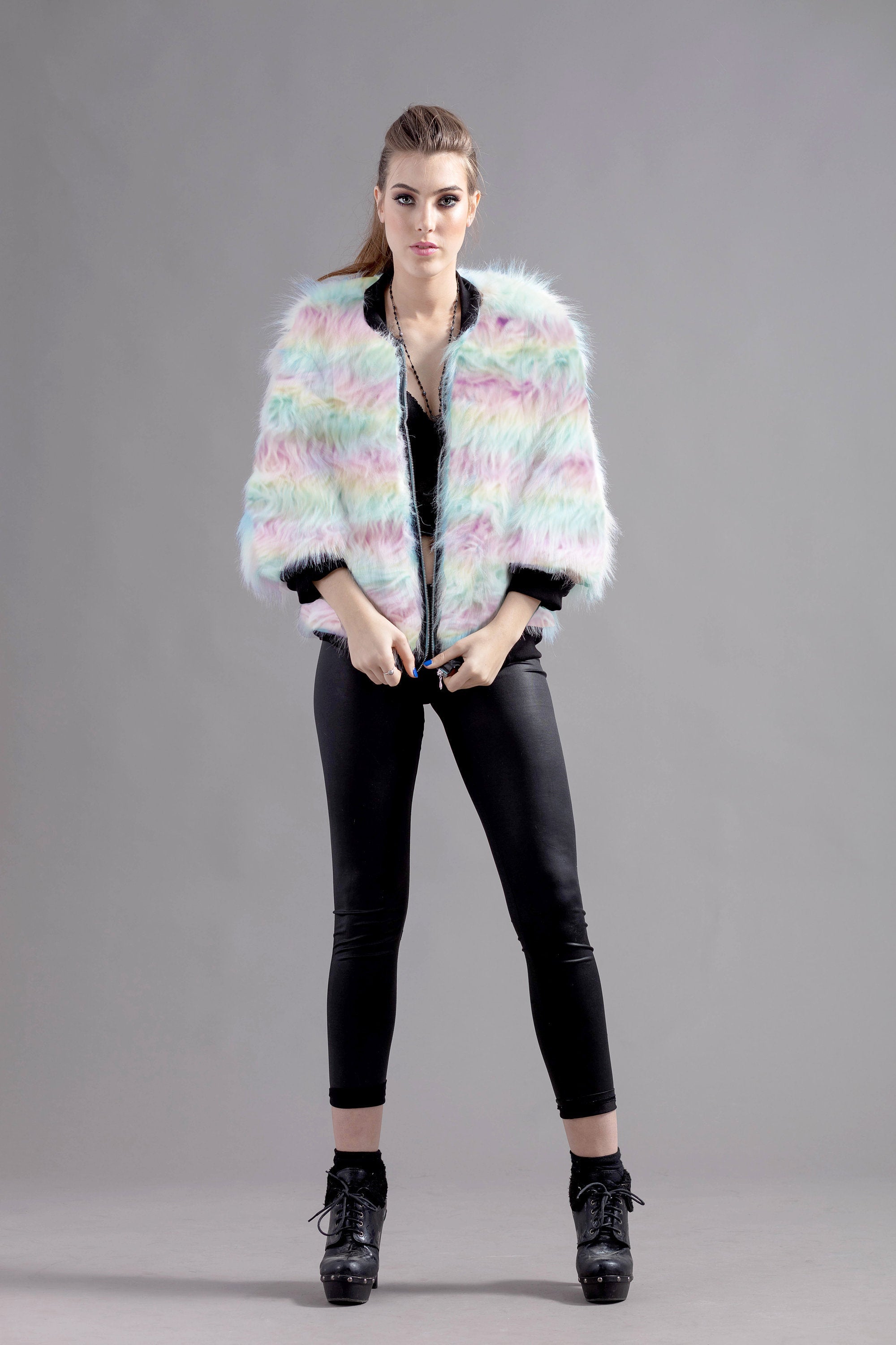 unicorn rainbow stripe vegan faux fur Bomber Jacket