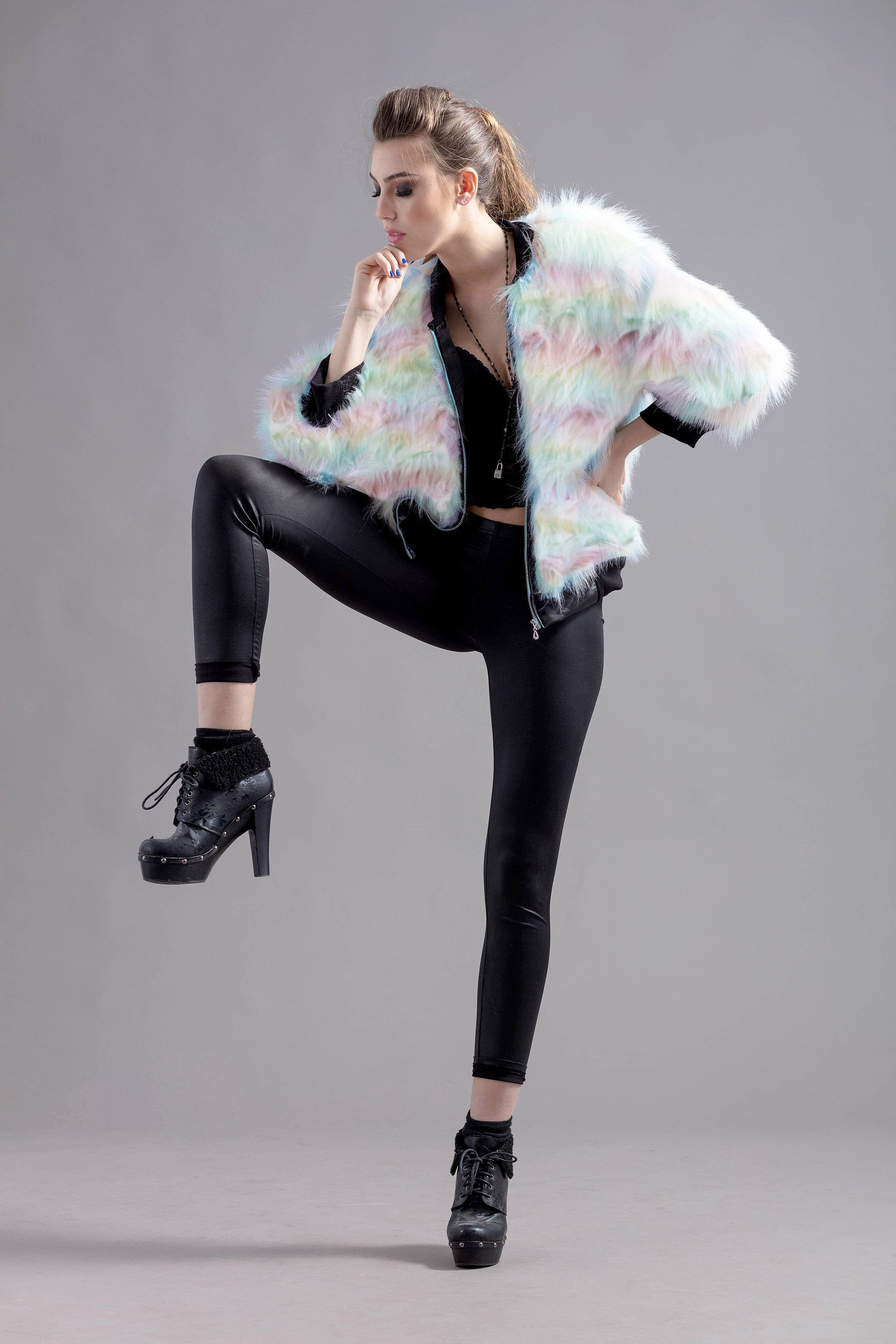 unicorn rainbow stripe vegan faux fur Bomber Jacket