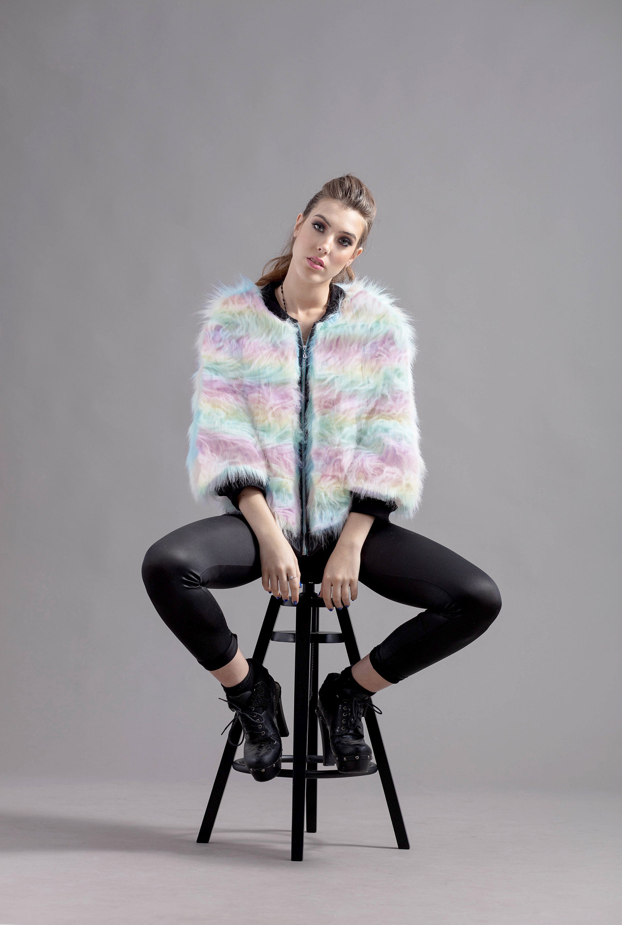 unicorn rainbow stripe vegan faux fur Bomber Jacket