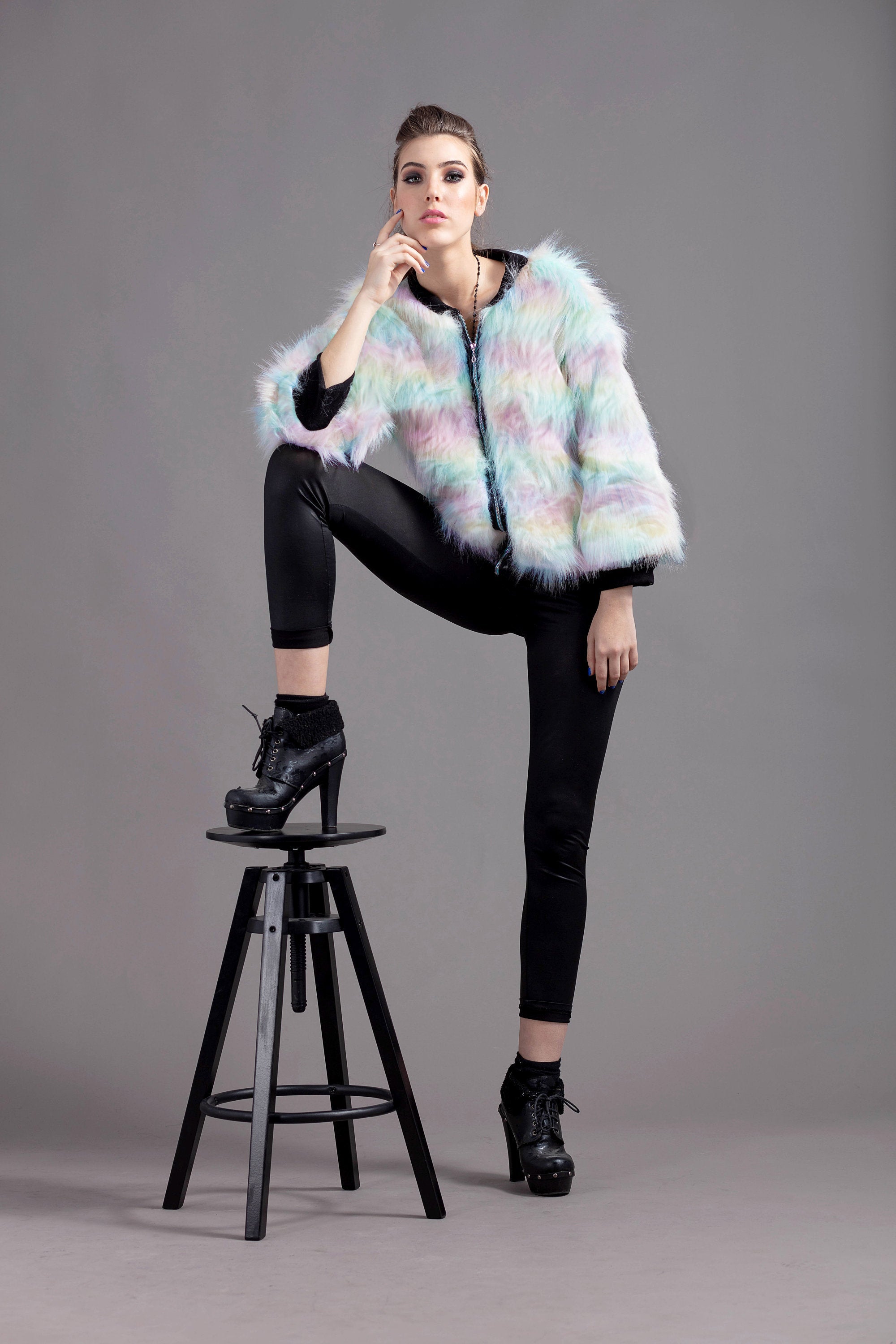 unicorn rainbow stripe vegan faux fur Bomber Jacket